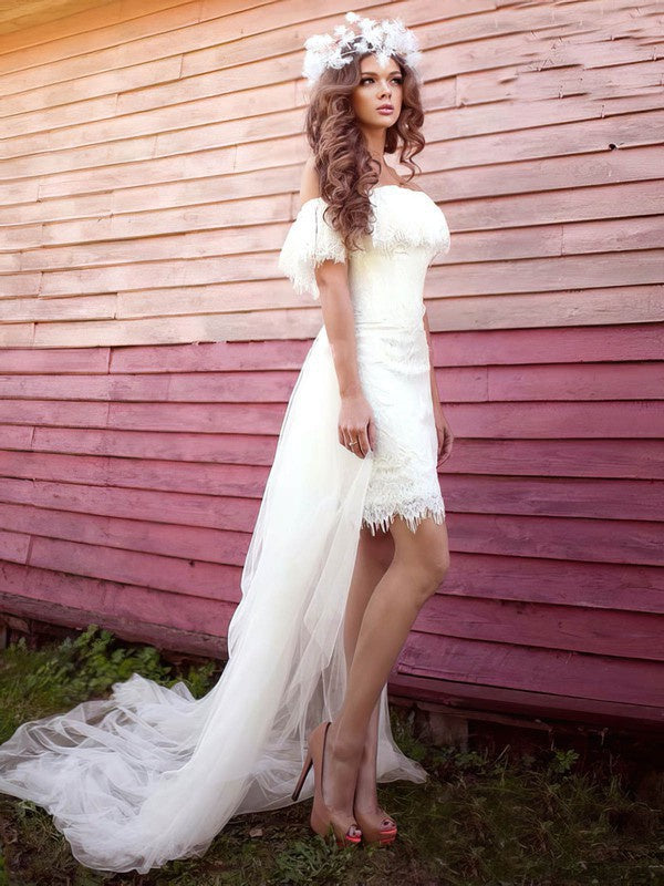 Elegant Sheath Off-The-Shoulder Lace Tulle Wedding Dresses