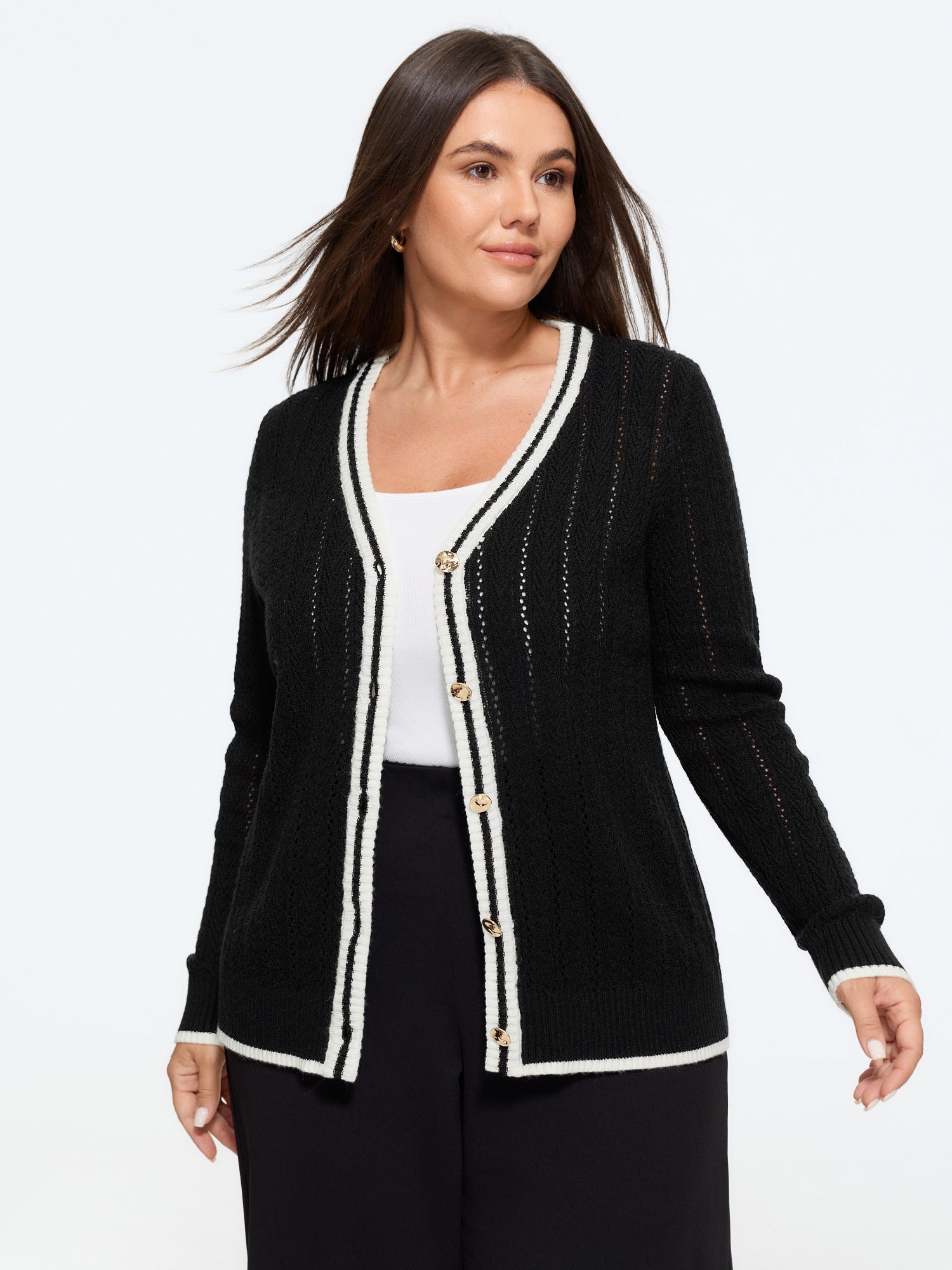 Contrast Trim V Neck Button Front Cardigan