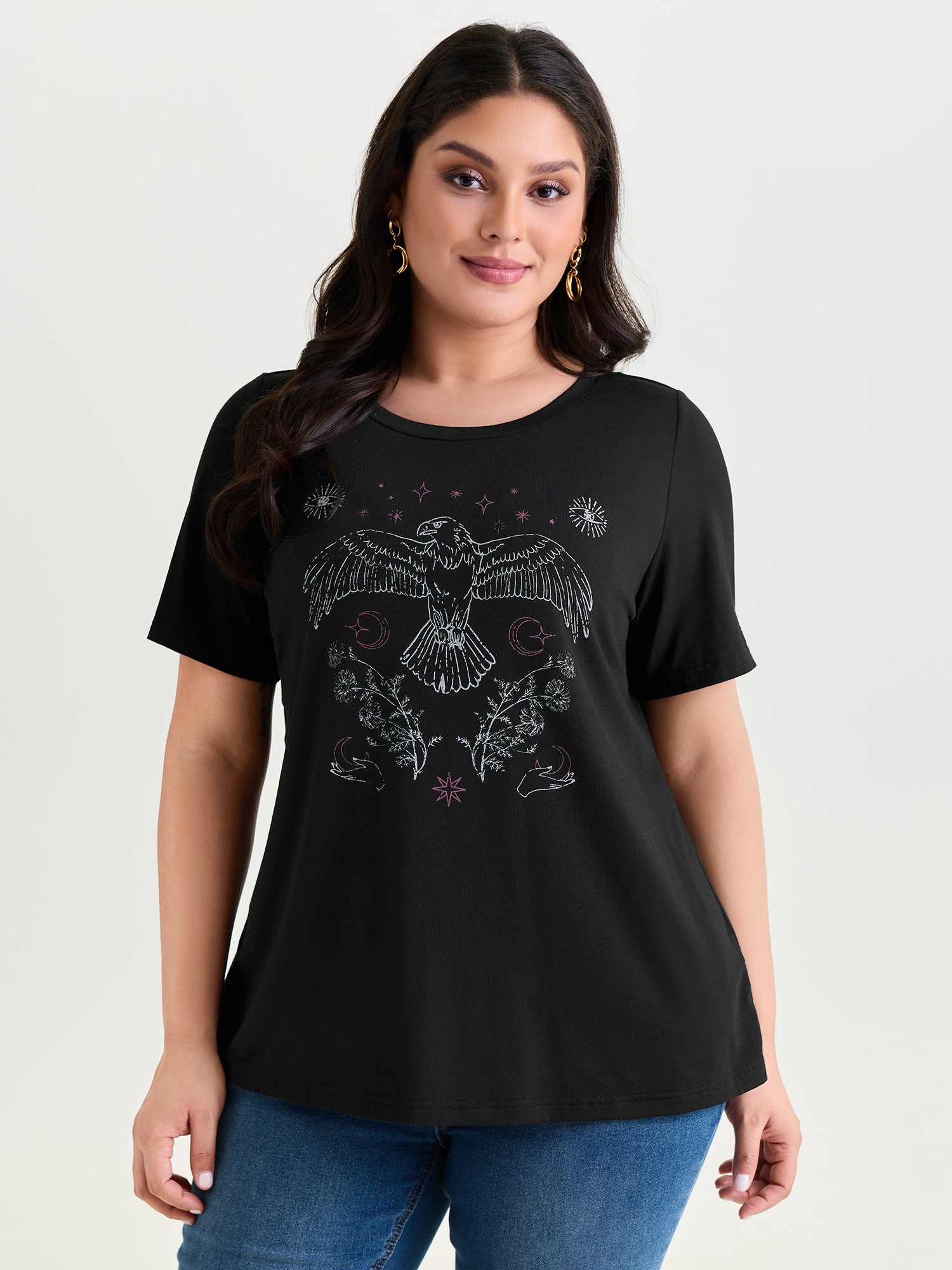 Supersoft Bird Print Round Neck Plain T-Shirt
