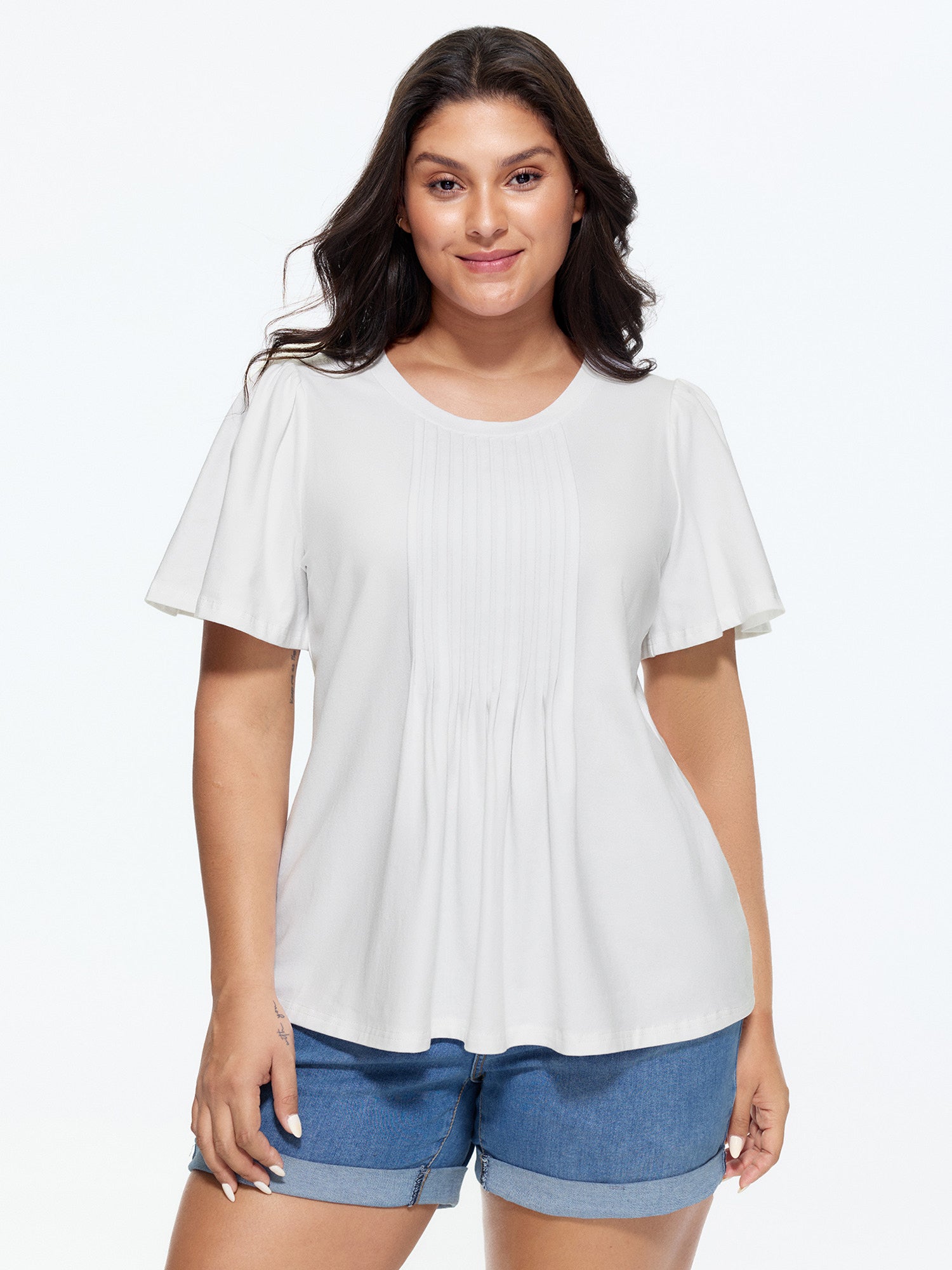 Cotton Toothpick Pleated Plain Flared Sleeve T-Shirt