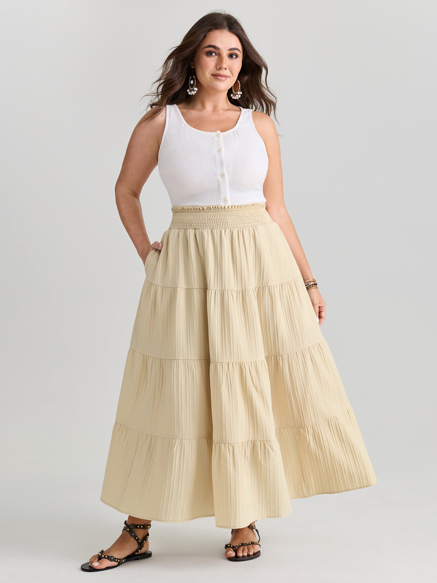 Shirred Wide Waistband Tiered Maxi Skirt