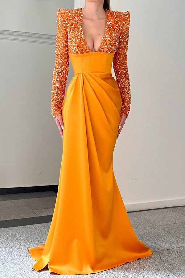 Orange Glamorous V-Neck With Sequins Evening Dress