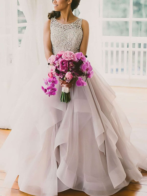 Charming Ball Gown Crew Neck Sleeveless Organza Sweep Train Wedding Dresses