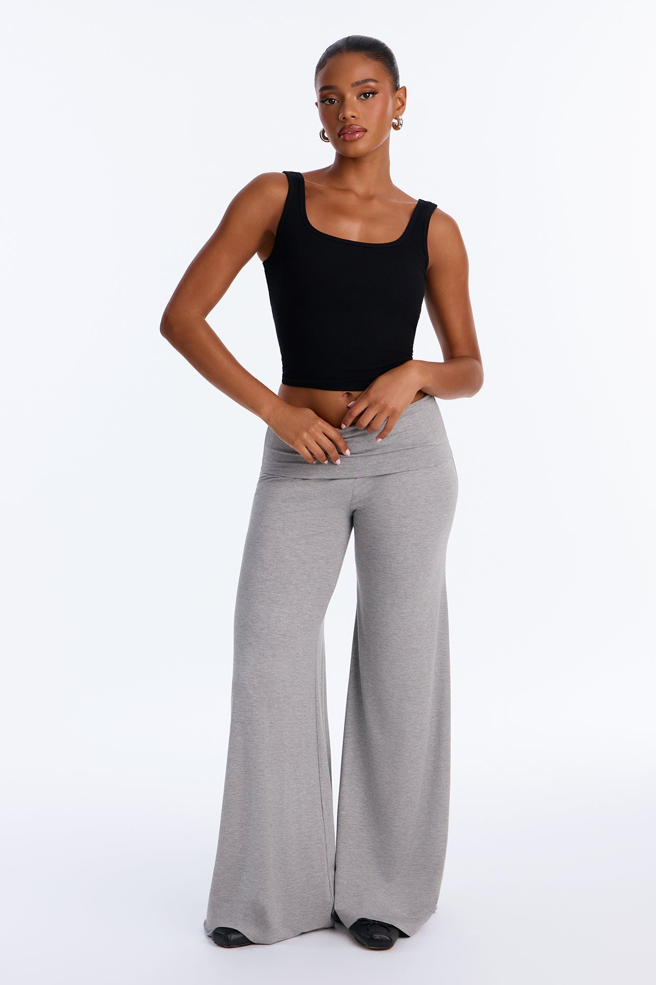 Kiki Low Rise Foldover Wide Leg Pant - Heather Grey