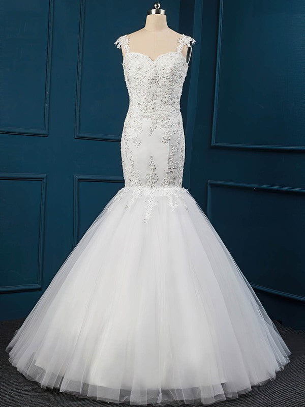 Elegant Sweetheart Tulle Trumpet Wedding Dresses with Beads