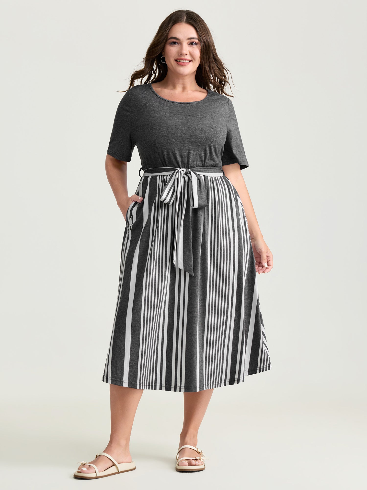 Stretchy Monochrome Striped Belted Waist Midi Dress