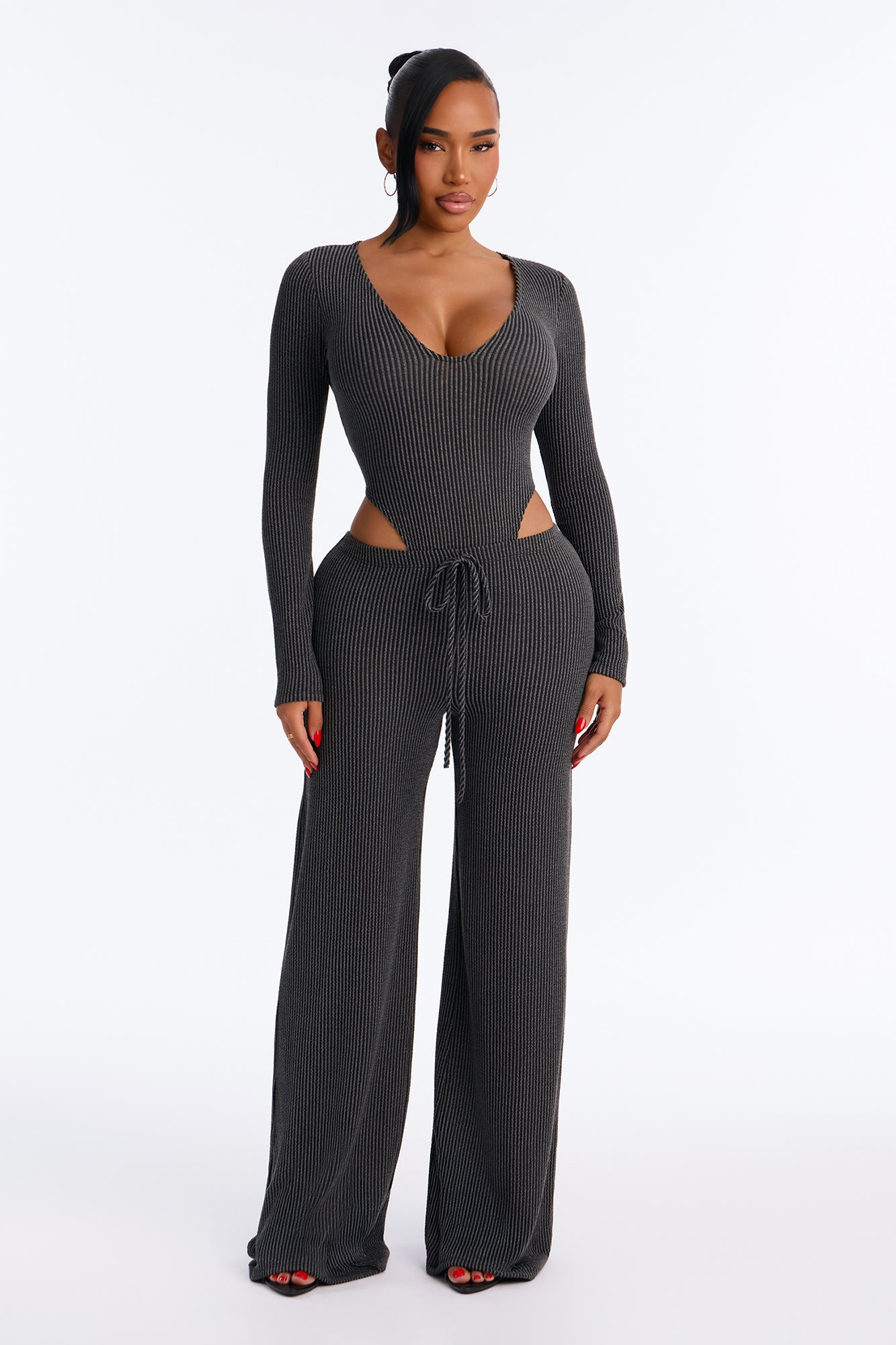 Paulette Long Sleeve Ribbed Bodysuit Pant Set - Charcoal