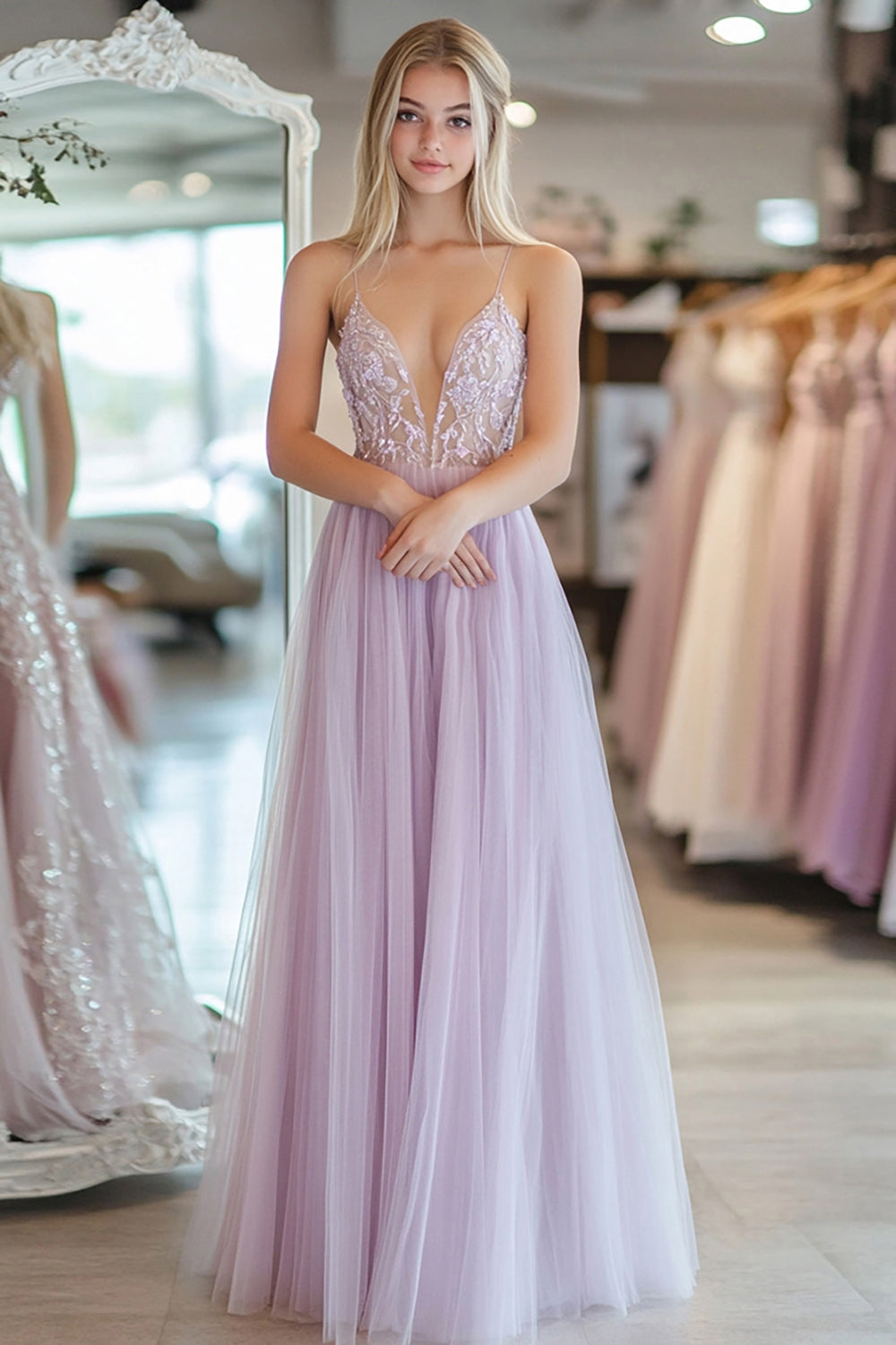 Long A-Line Prom Dress in Light Purple with Spaghetti Straps and Tulle Appliques