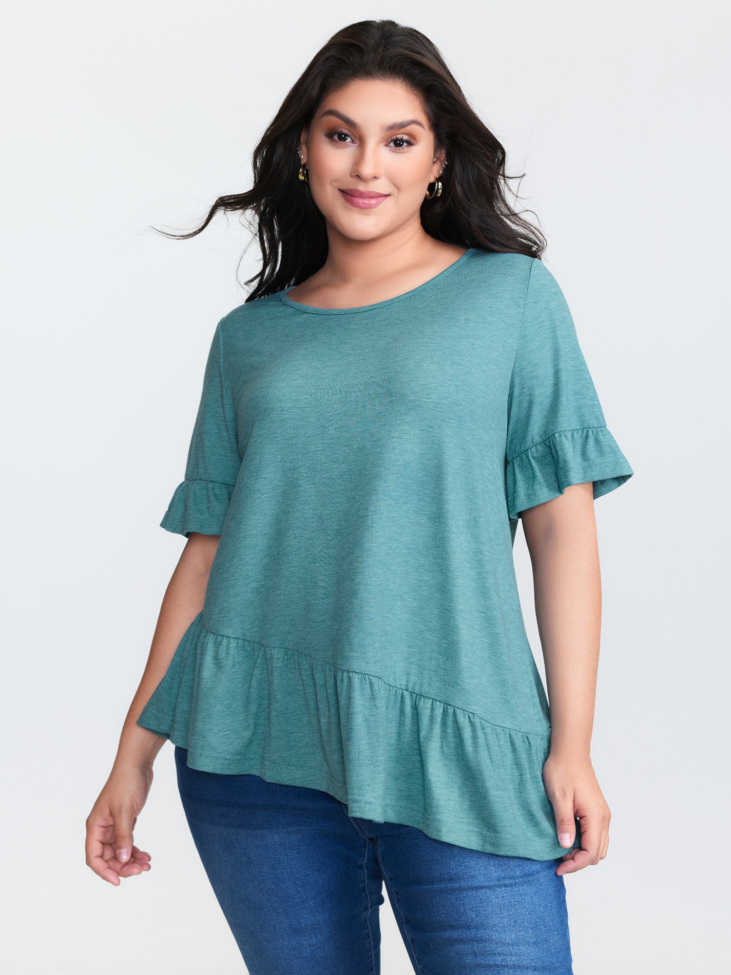 Supersoft Stretchy Ruffled Hem Plain Knit Top