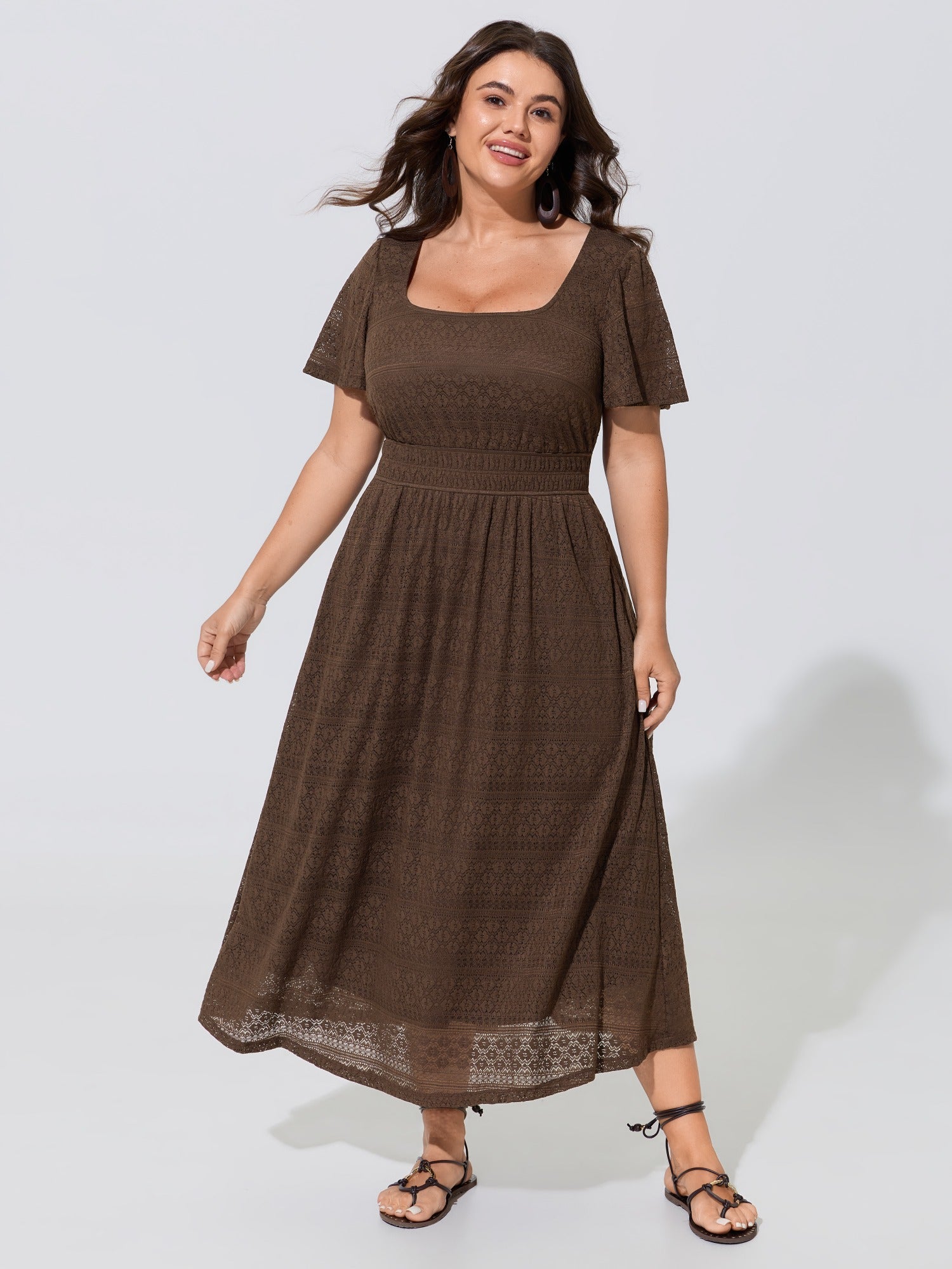 Square Neck Sheer Lace Midi Dress