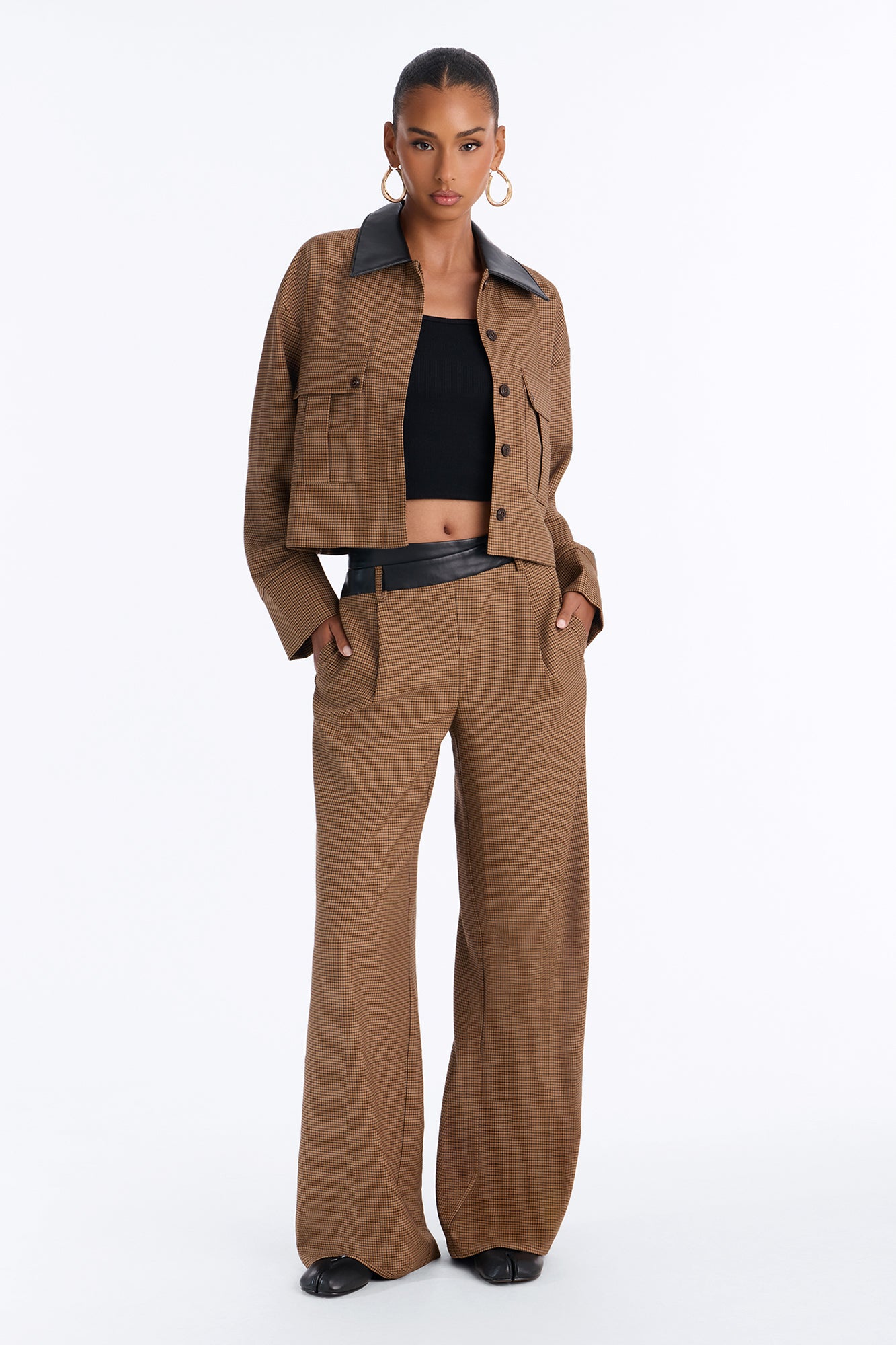 Mariana Plaid Contrast Pant Set - Brown