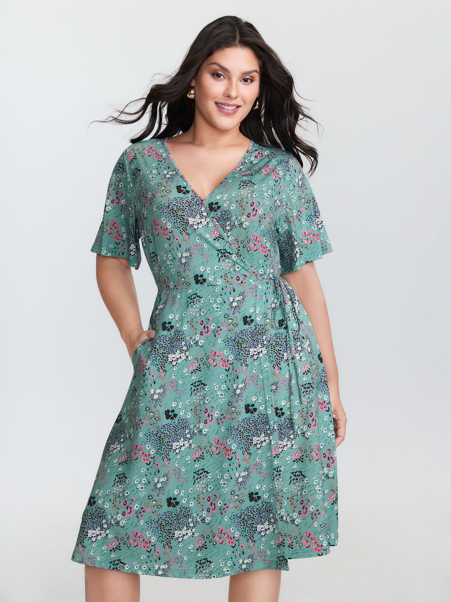 Floral Print Wrap Neckline Mini Dress