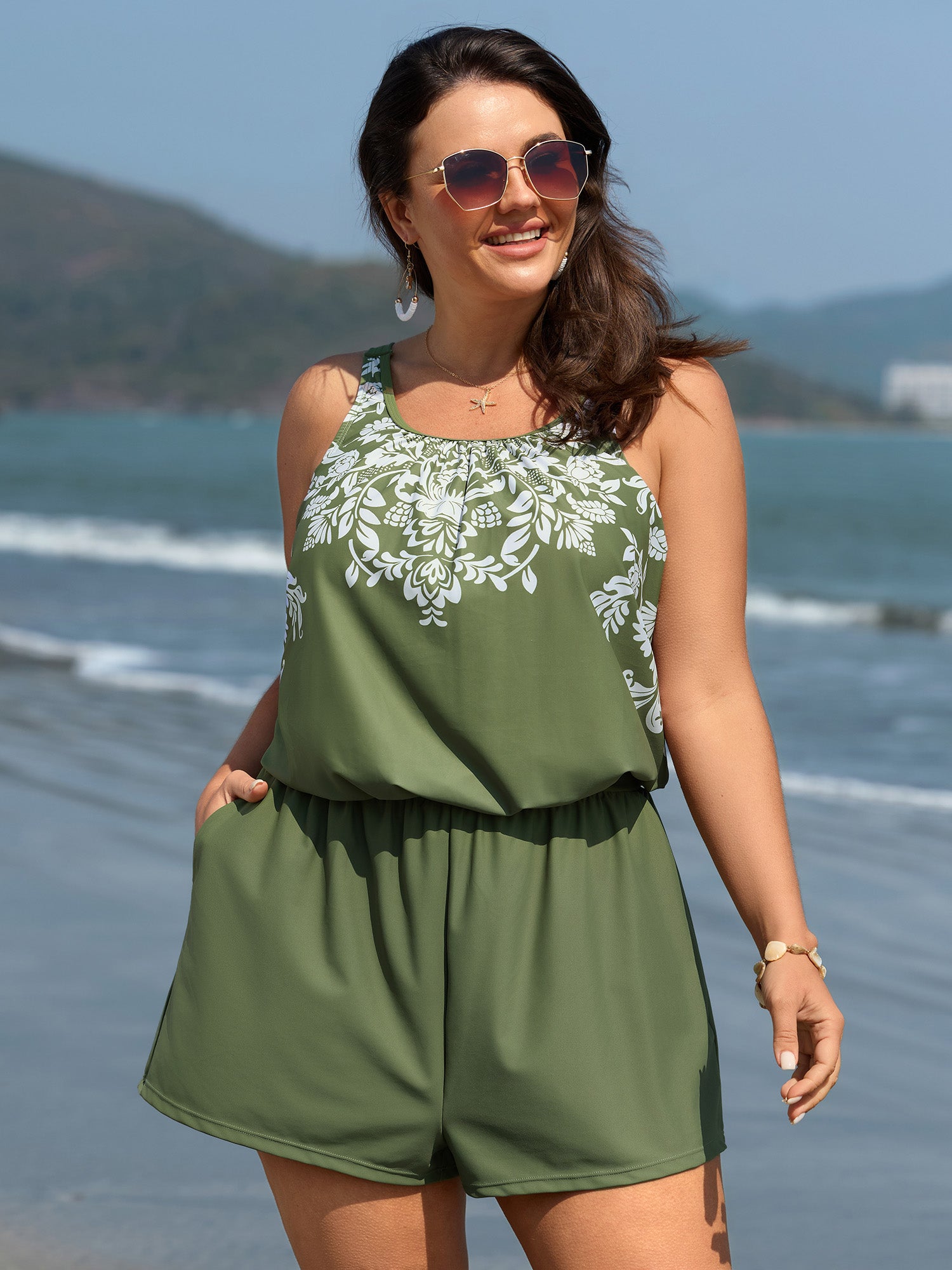 Floral Print Pockets Swim Romper
