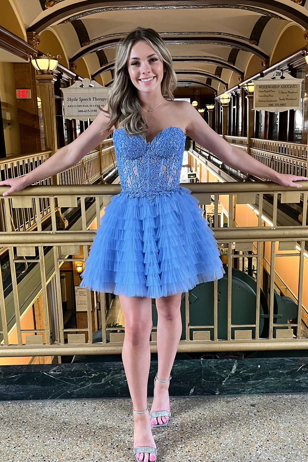 Blue A Line Strapless Tiered Short Homecoming Dress/Mini Dress With Appliques