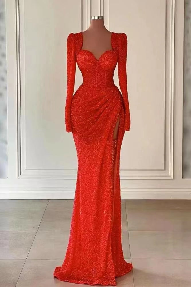 Red Sweetheart Long Sleeves Sequins Mermaid Evening Dress With Split