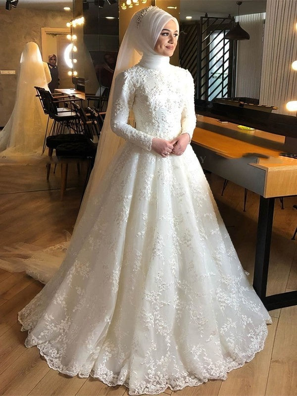 Exquisite High Neck Long Sleeves Court Train Ball Gown Wedding Dresses with Beads