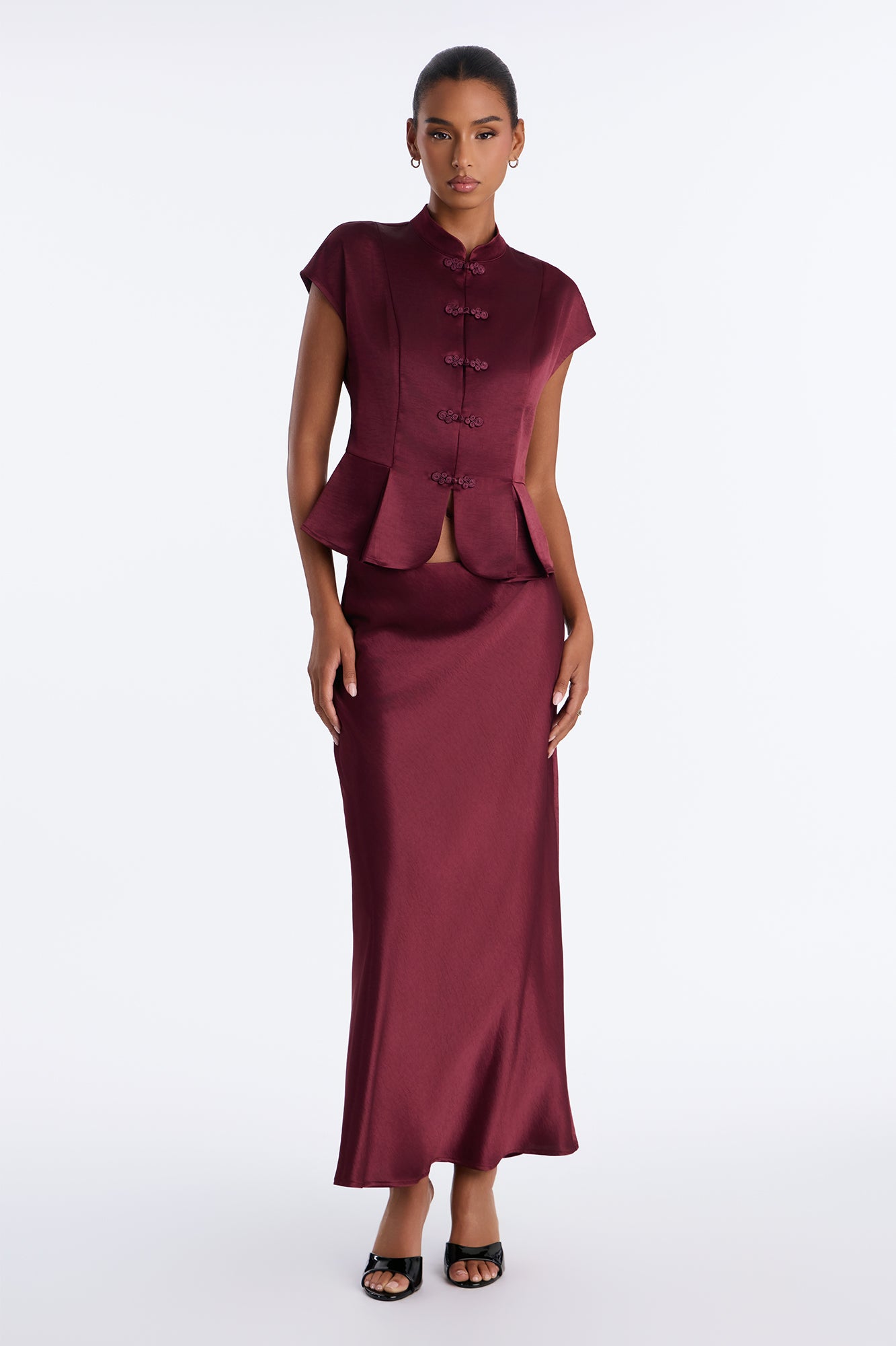 Amber Frog Clasp Satin Skirt Set - Burgundy