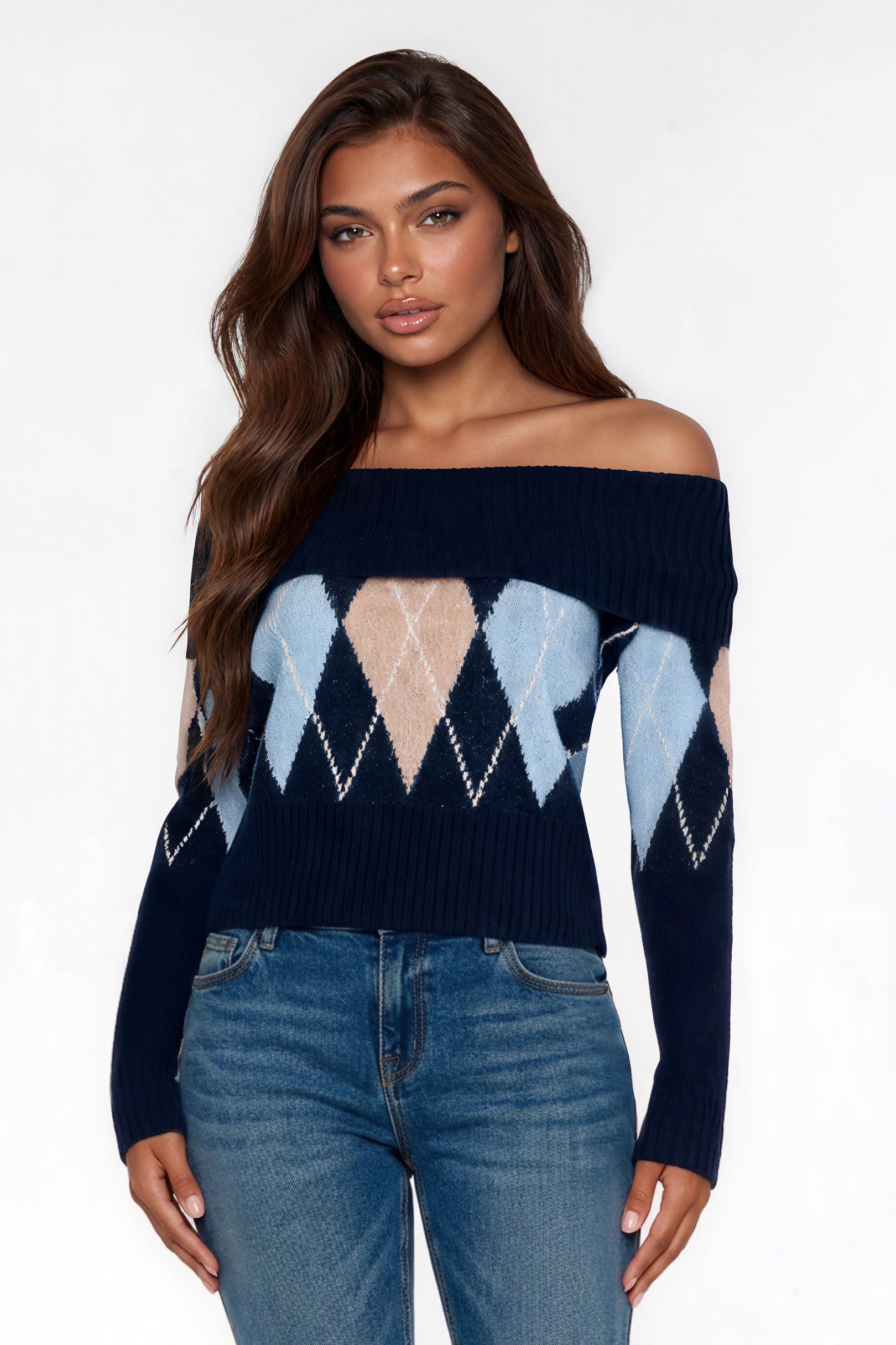 Minimal Effort Off Shoulder Argyle Sweater - Blue/combo