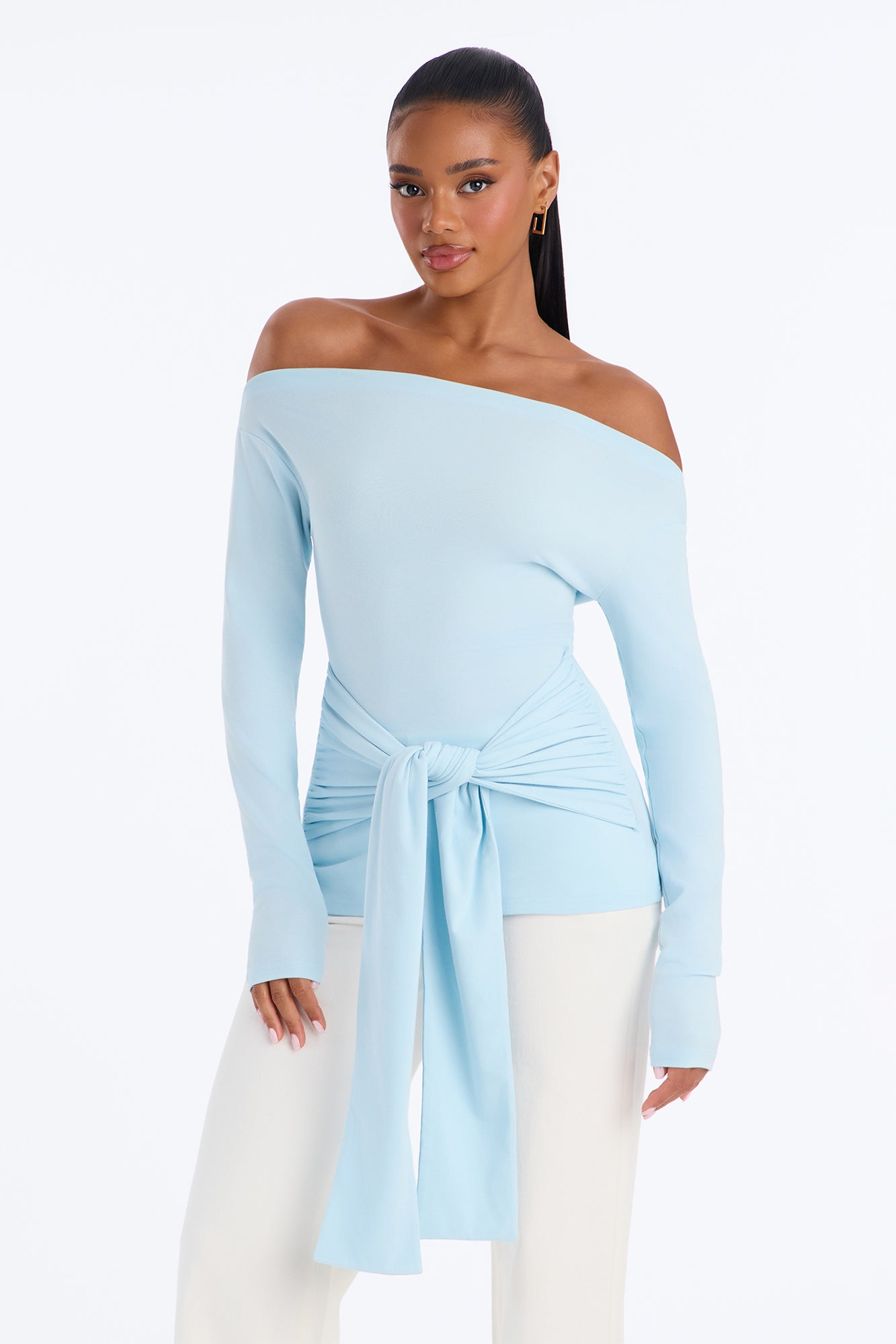 Evelyn Off Shoulder Tie Waist Long Sleeve Top - Blue