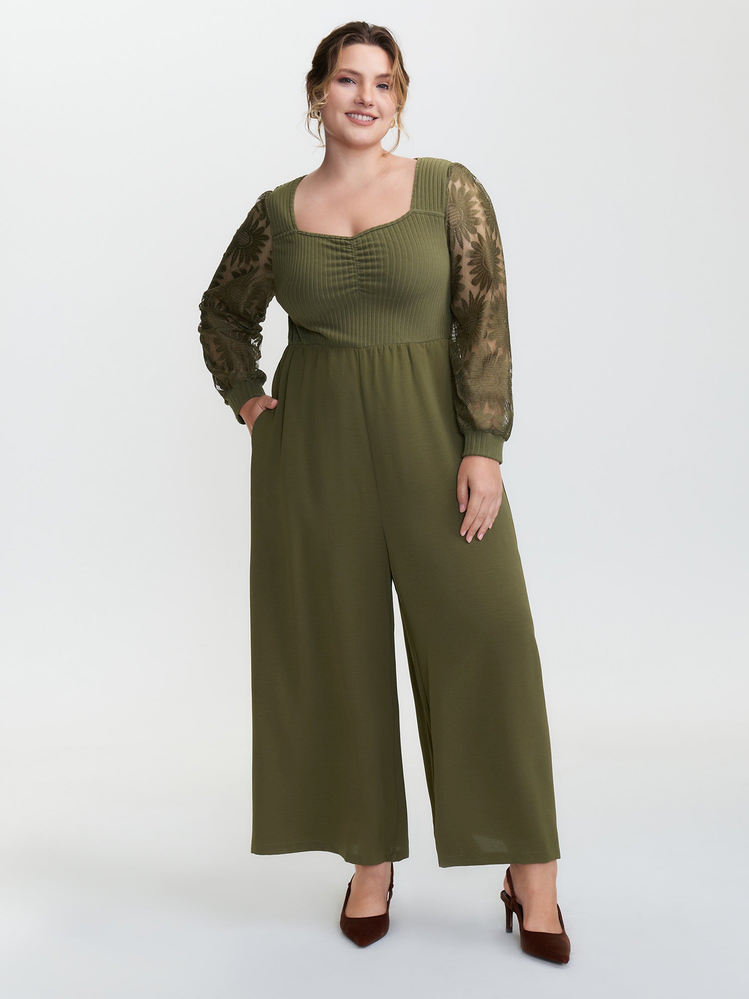 Lace Trim Ruched Velvety Bodice Jumpsuit