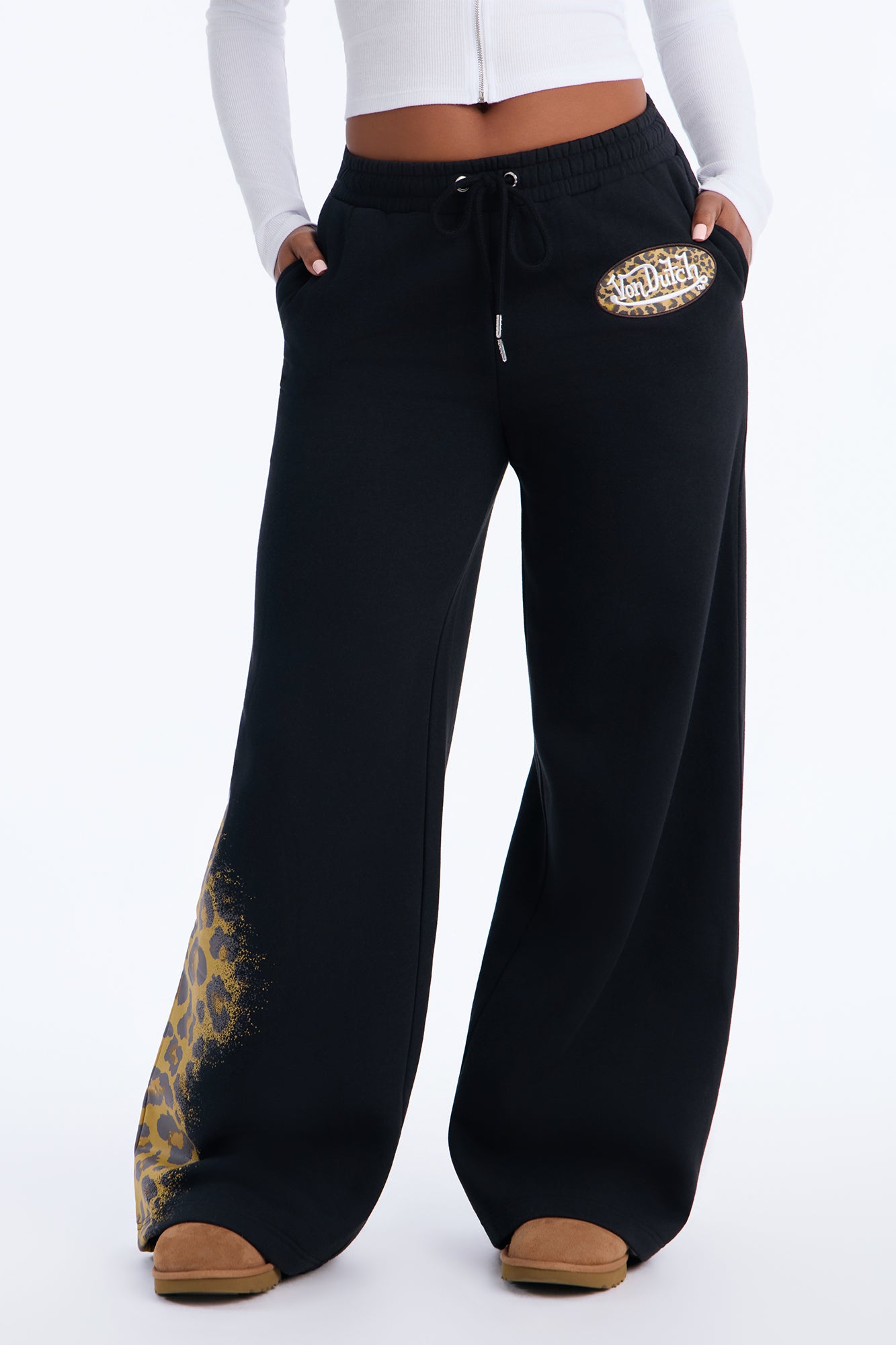 Von Dutch Leopard Splash Print Wide Leg Sweatpants - Black/combo