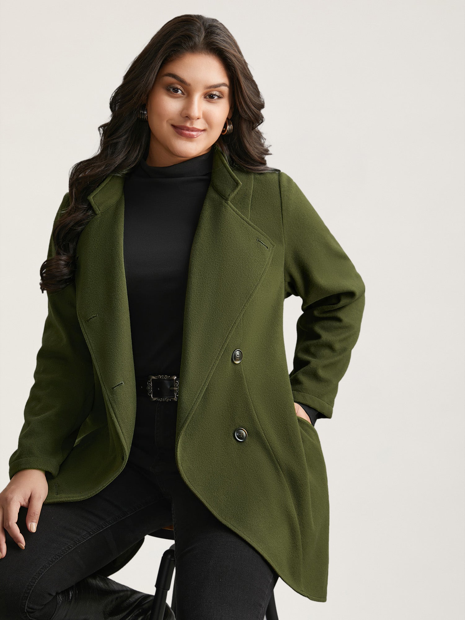 Solid Wrap Button Up Asymmetrical Hem Coat