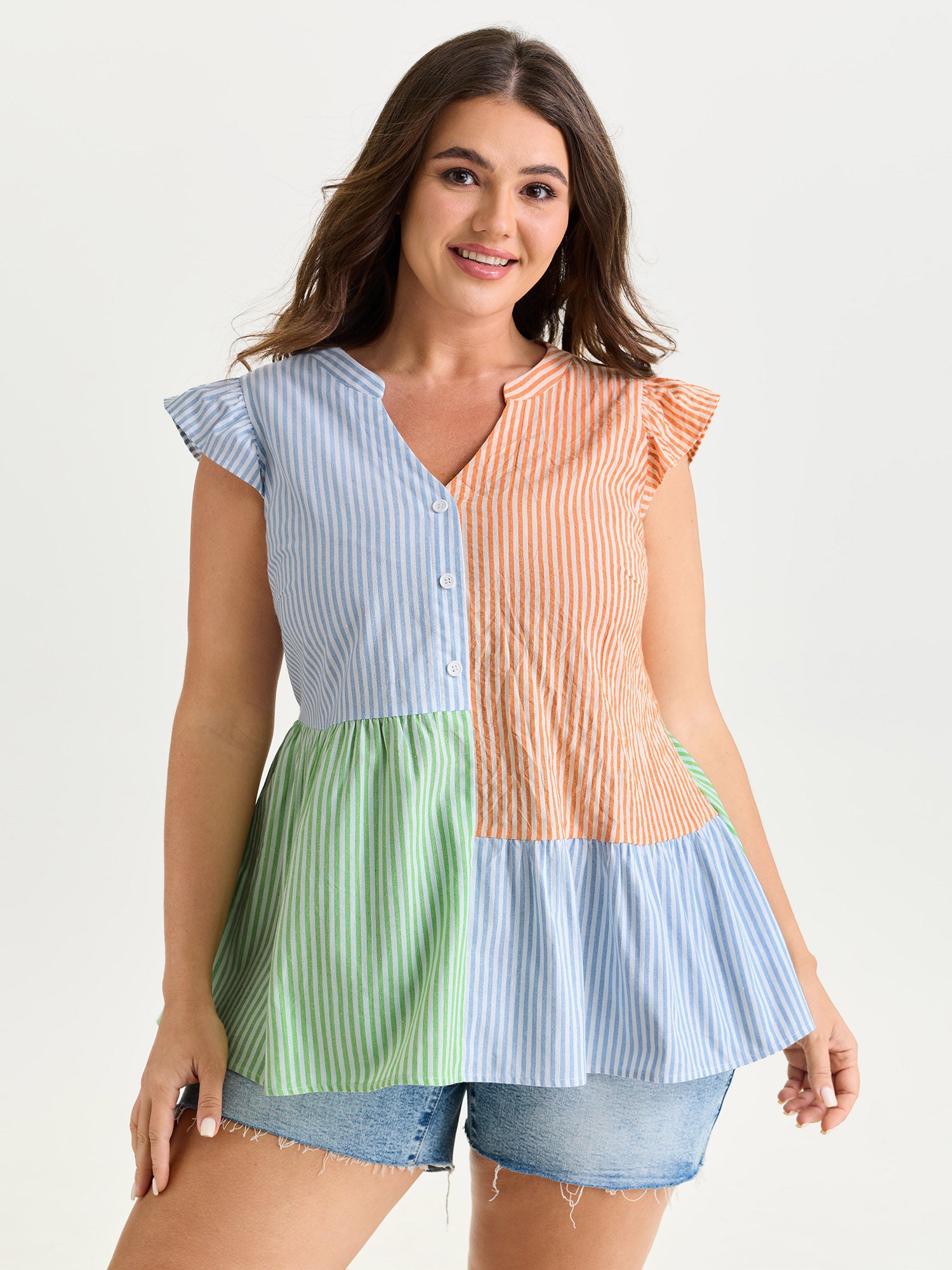 Colorblock Striped Print Flutter Sleeve Blouse