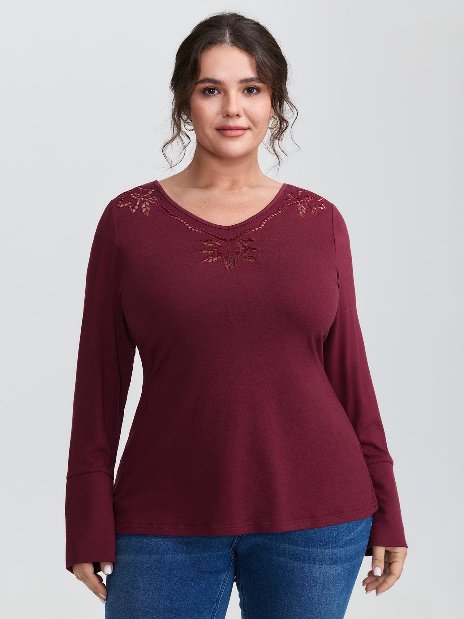 Floral Cut-Out Embroidery Fitted T-Shirt