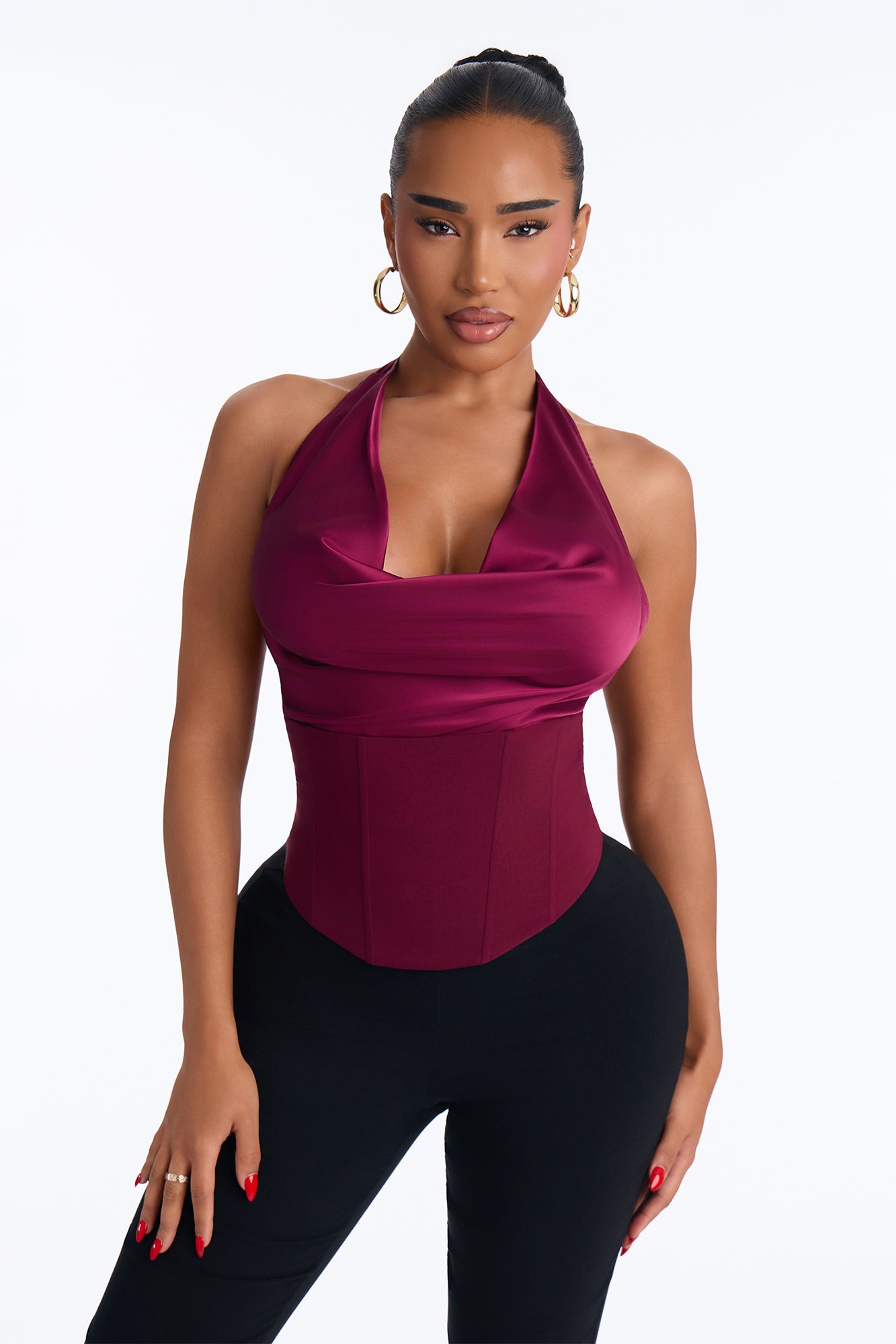 Kiss Affair Satin Cowl Neck Halter Top - Plum