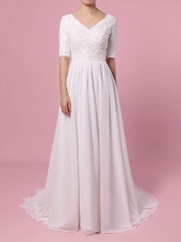 Chic A-Line V-Neck Half Sleeves Lace Chiffon Sweep Train Wedding Dresses with Sash