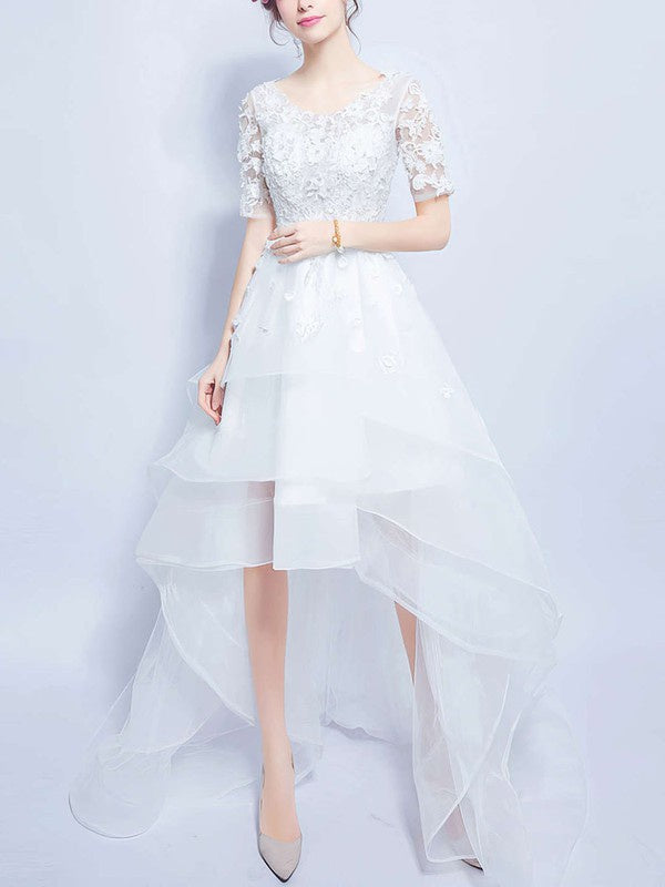 Stylish Hi-Lo A-Line Short Sleeves Lace Organza Wedding Dresses