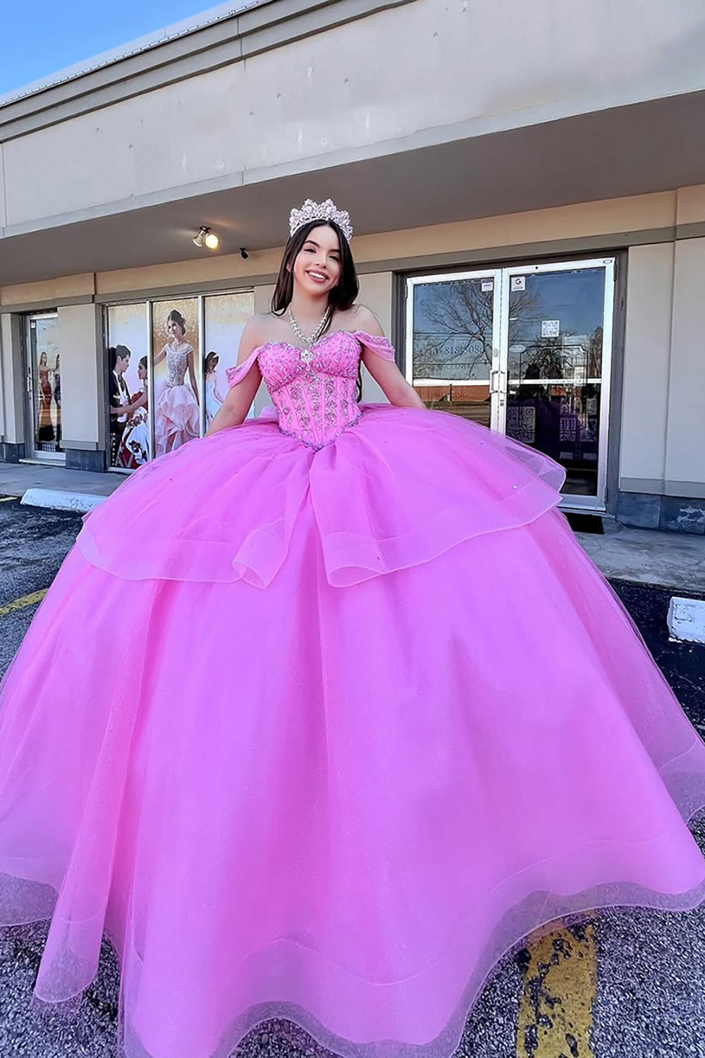 Princess Quinceanera Dress in Candy Pink with Beading and Off-the-Shoulder Tulle