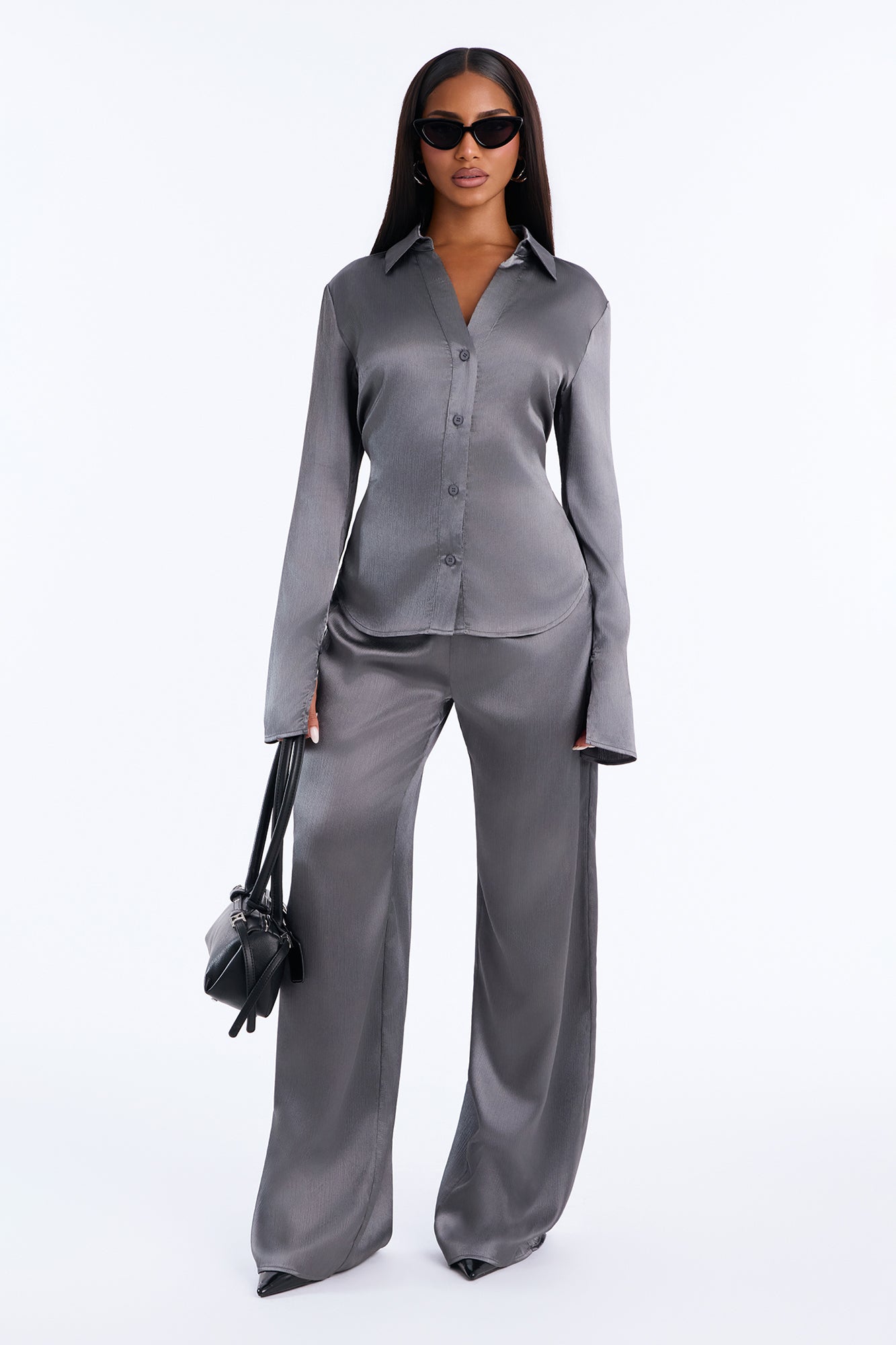 Simply Perfect Satin Pant Set - Dark Grey