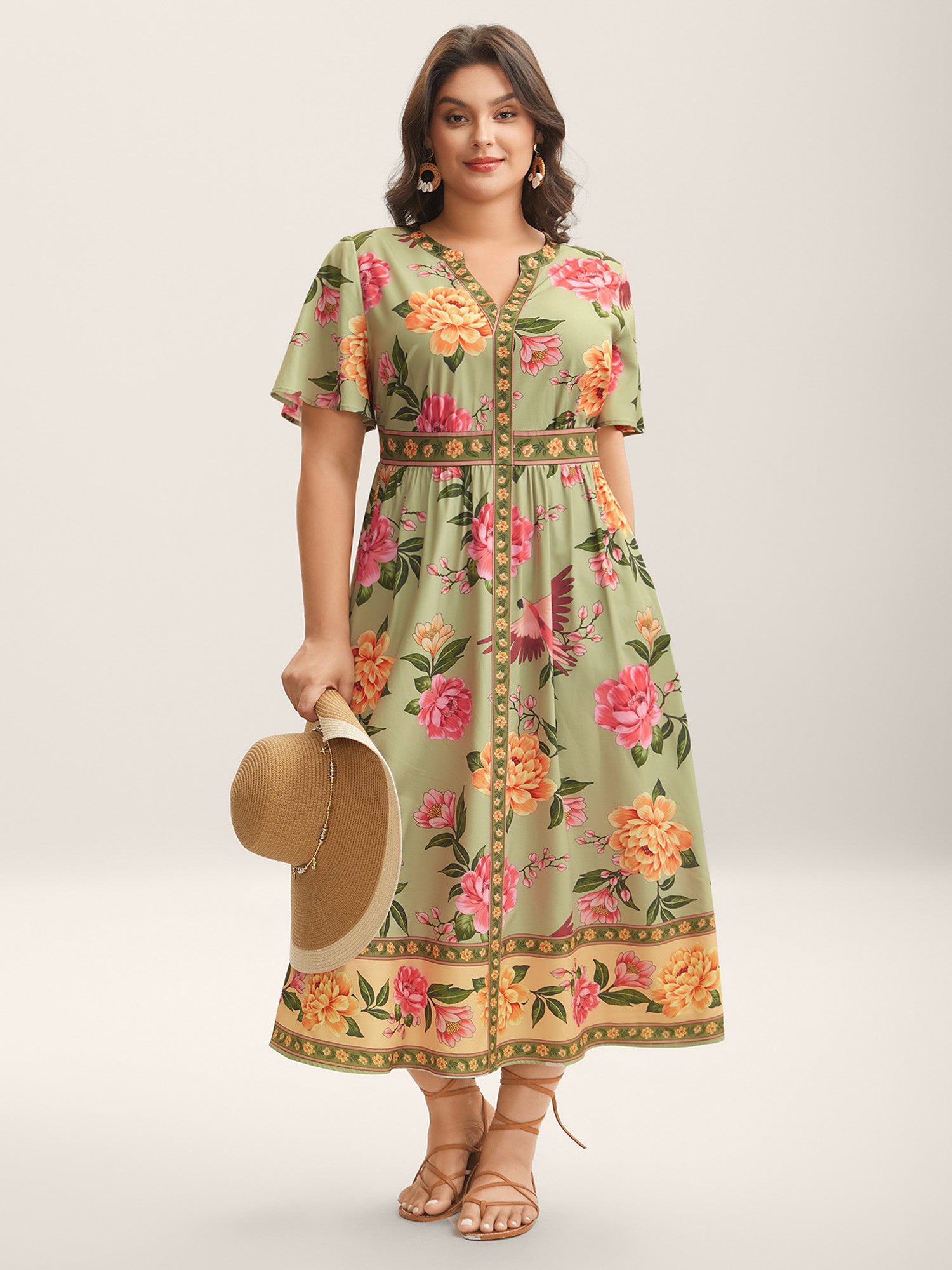 Floral Contrast Hem Split Neck Midi Dress