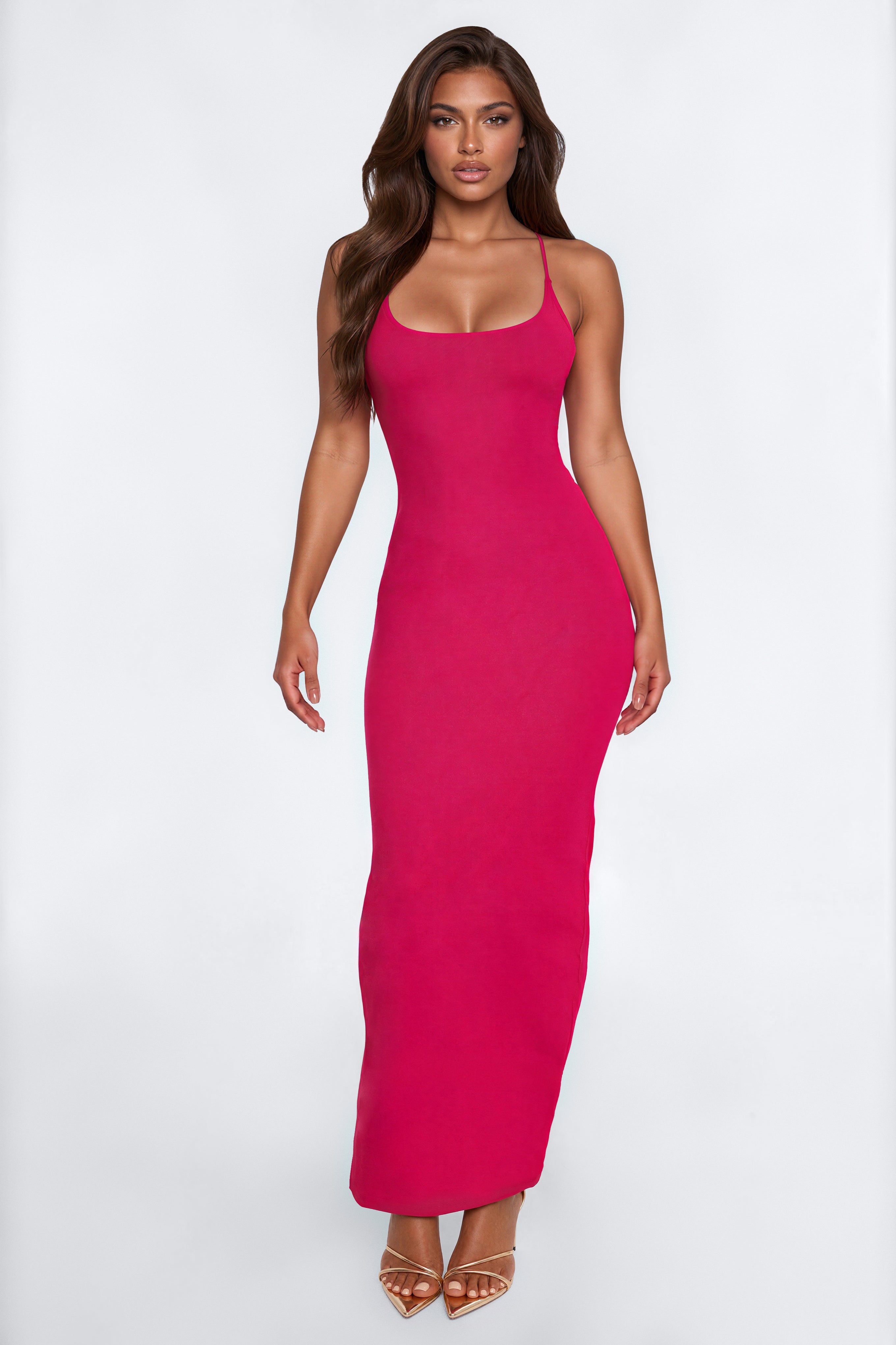 Contour Double Lined Scoop Neck Spaghetti Strap Maxi Dress - Raspberry