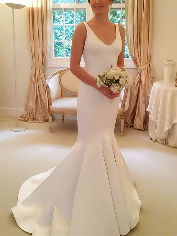 Stylish V-Neck Sleeveless Mermaid Satin Wedding Dresses