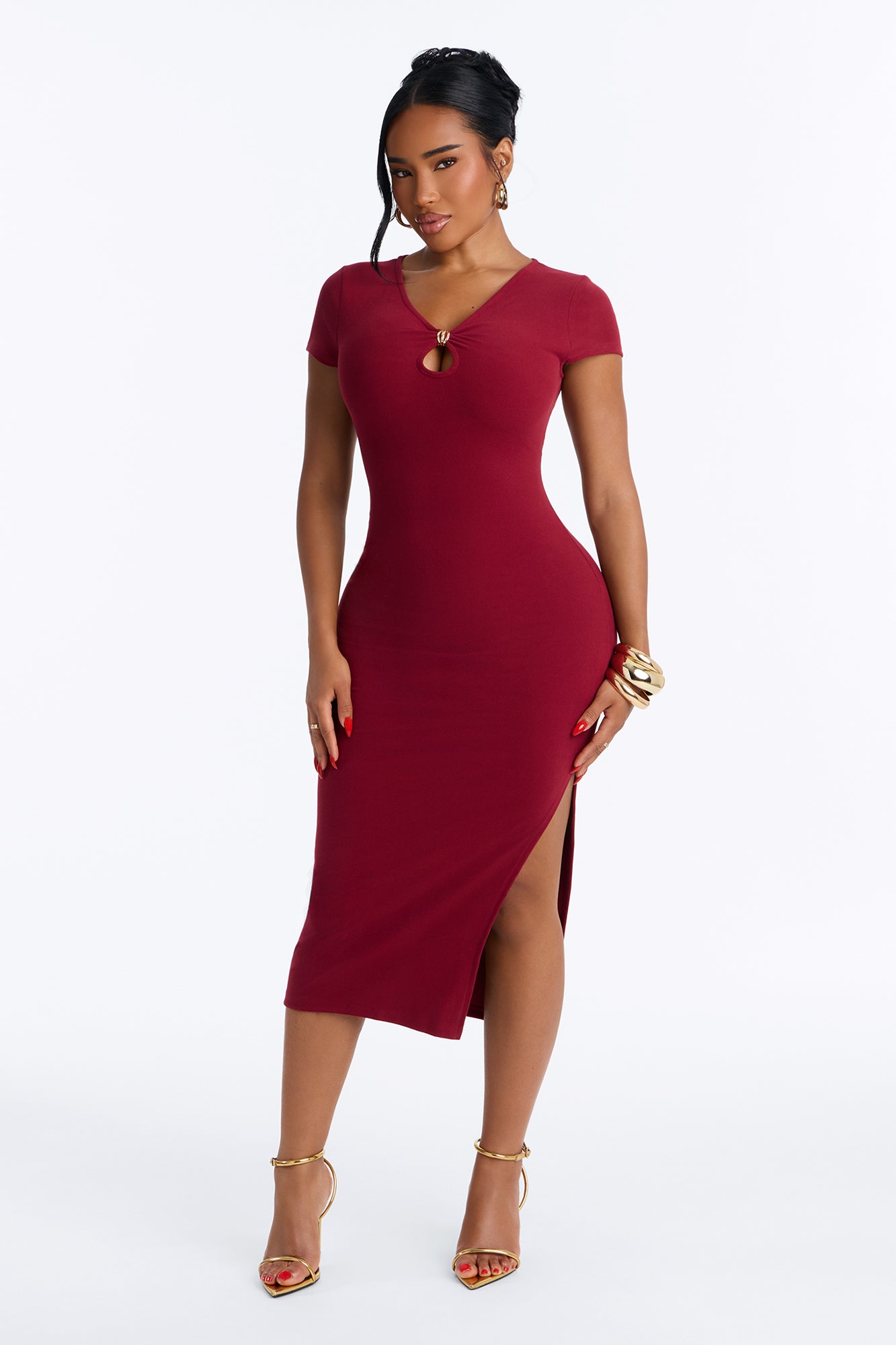 Devin Short Sleeve Midi Dress - Burgundy