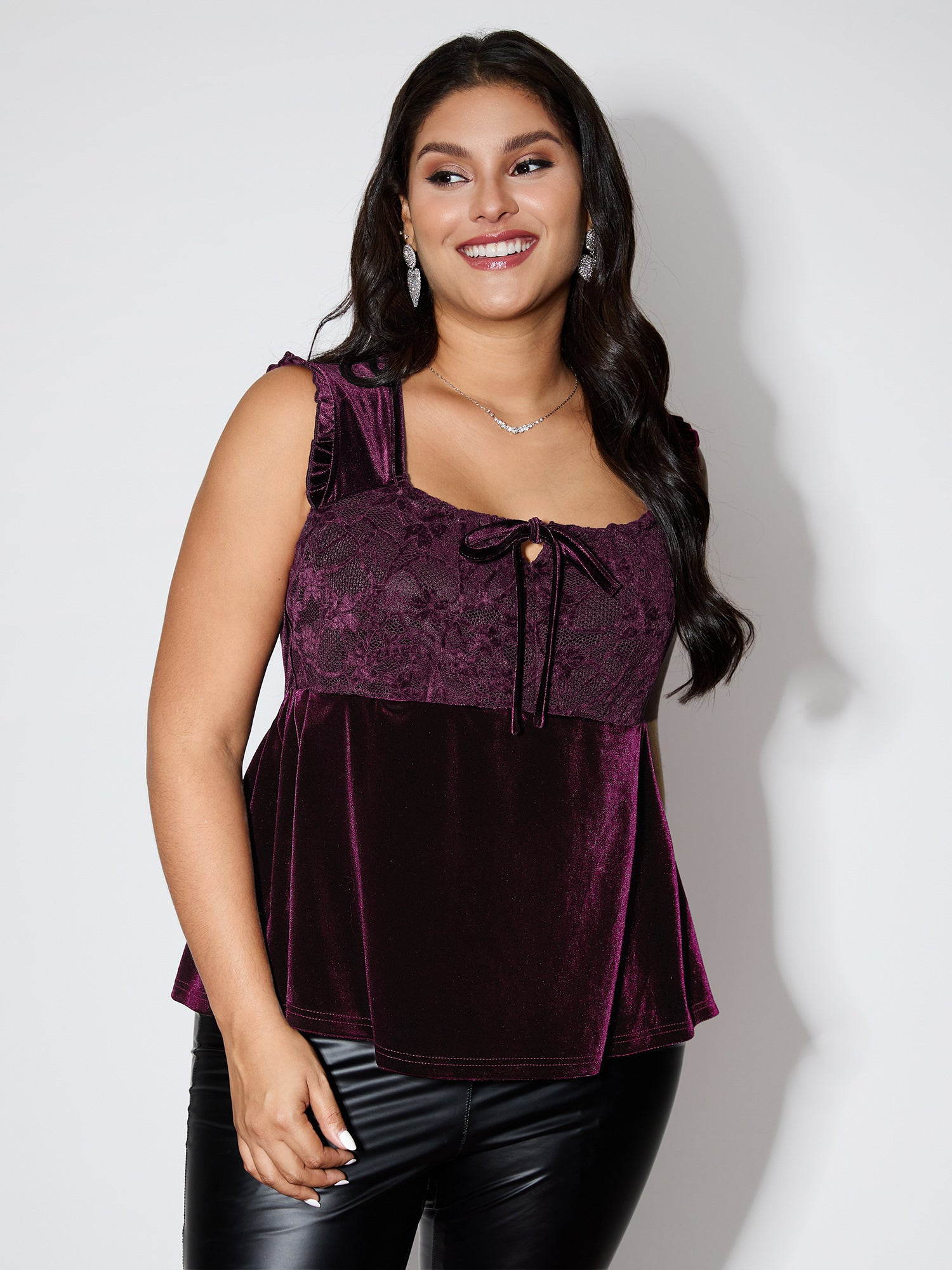 Velvet Front-Tie Shirred Tank Top