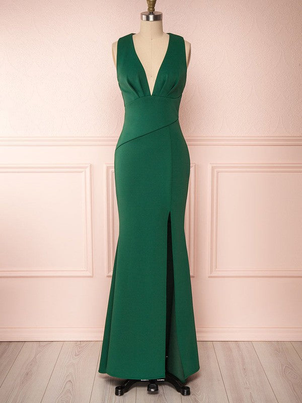 Charming Deep V-Neck Sleeveless Sheath Stretch Satin Bridesmaid Dresses with Split
