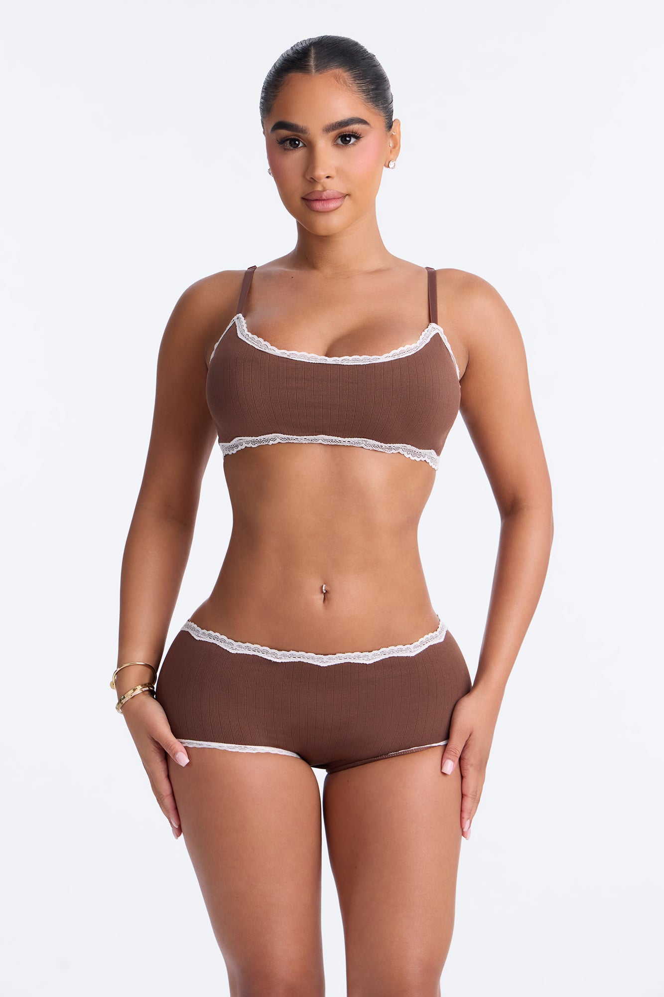 Seamless Lace Trim Ribbed Comfort Boyshort Panty - Chocolate/Combo