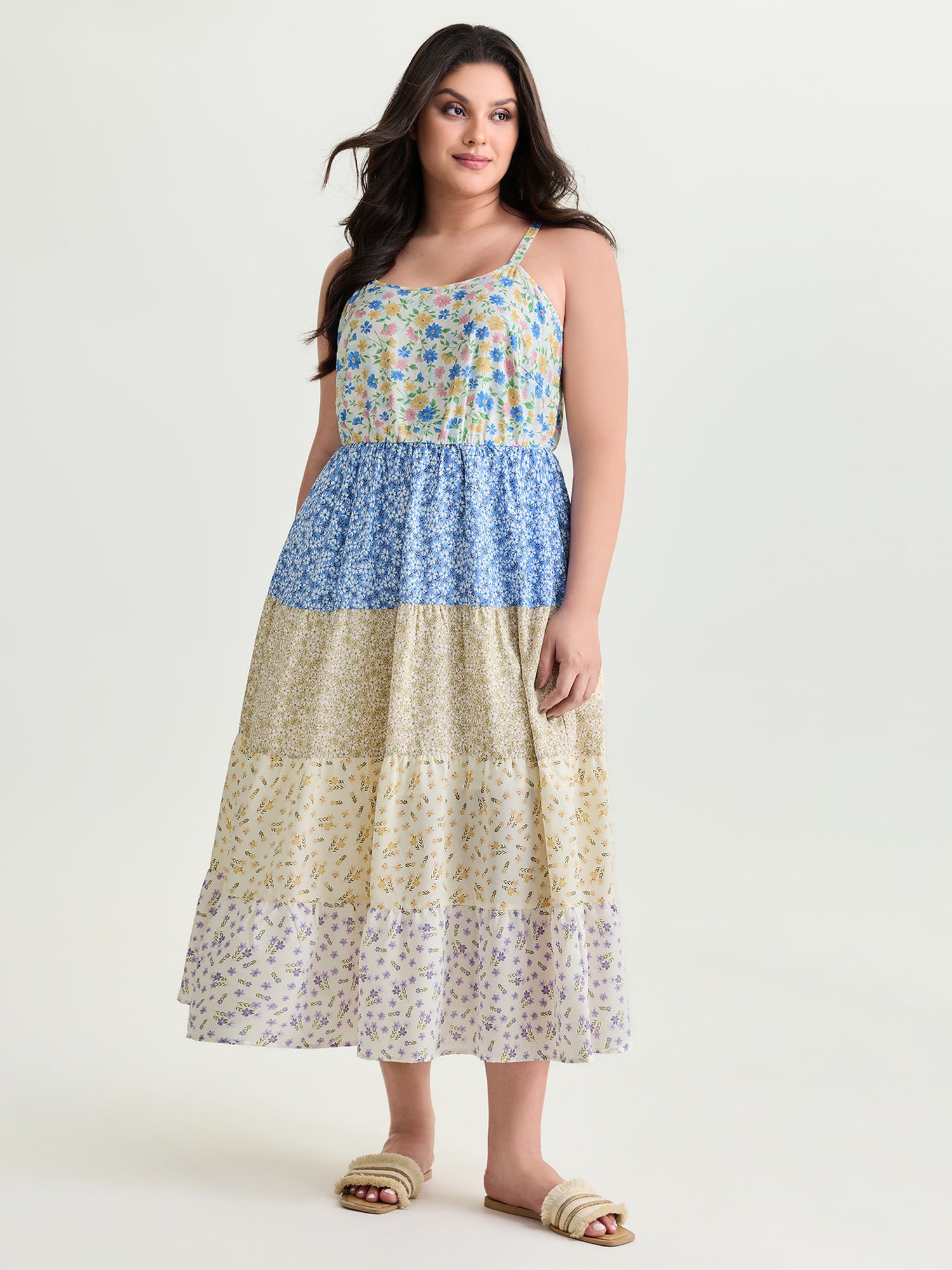 Colorblock Floral Print Tiered Maxi Dress