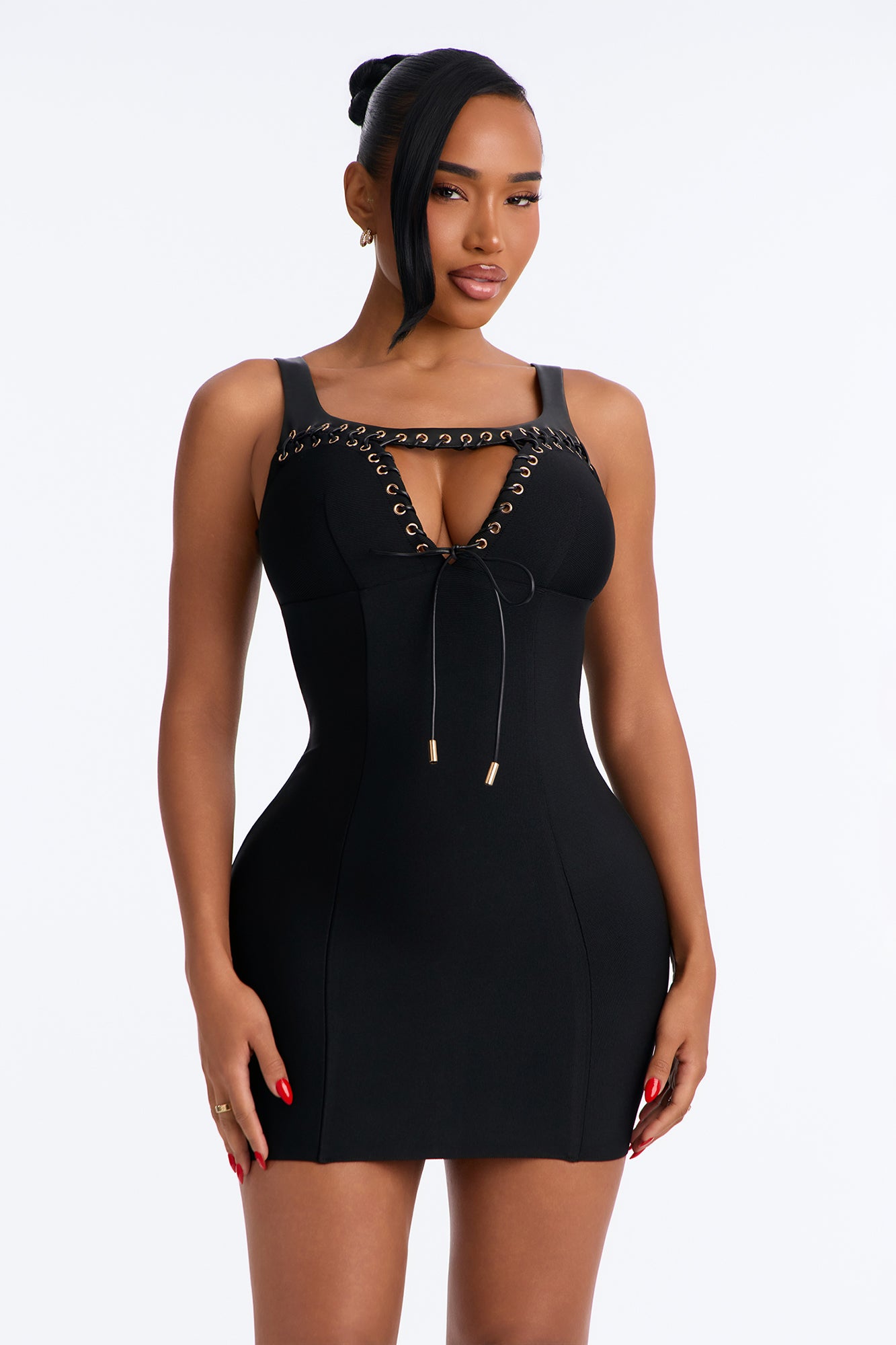 Sexy Swindle Tie Front Bandage Mini Dress - Black
