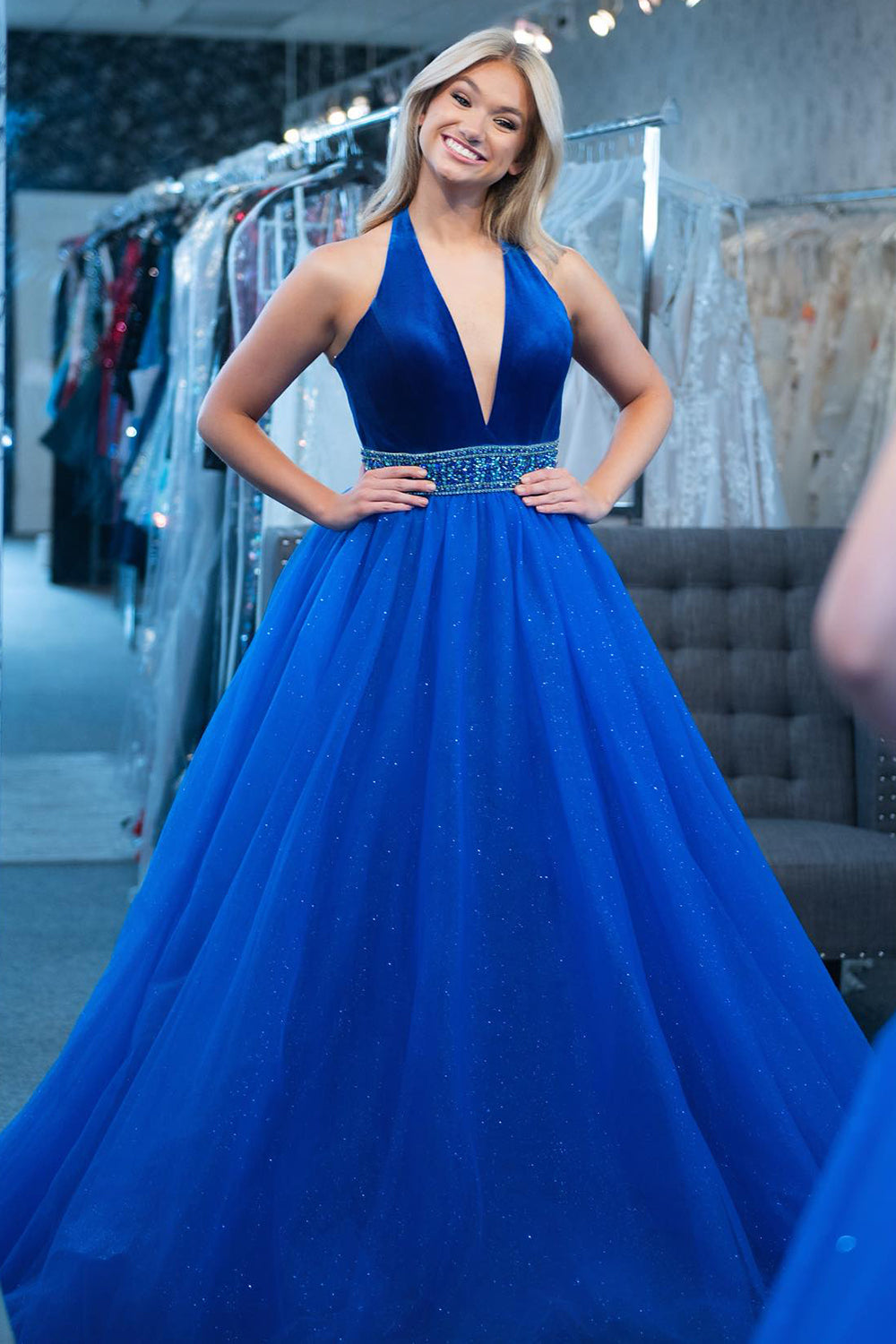 Princess Long Prom Dress in Royal Blue Sparkly Tulle with Halter Neck