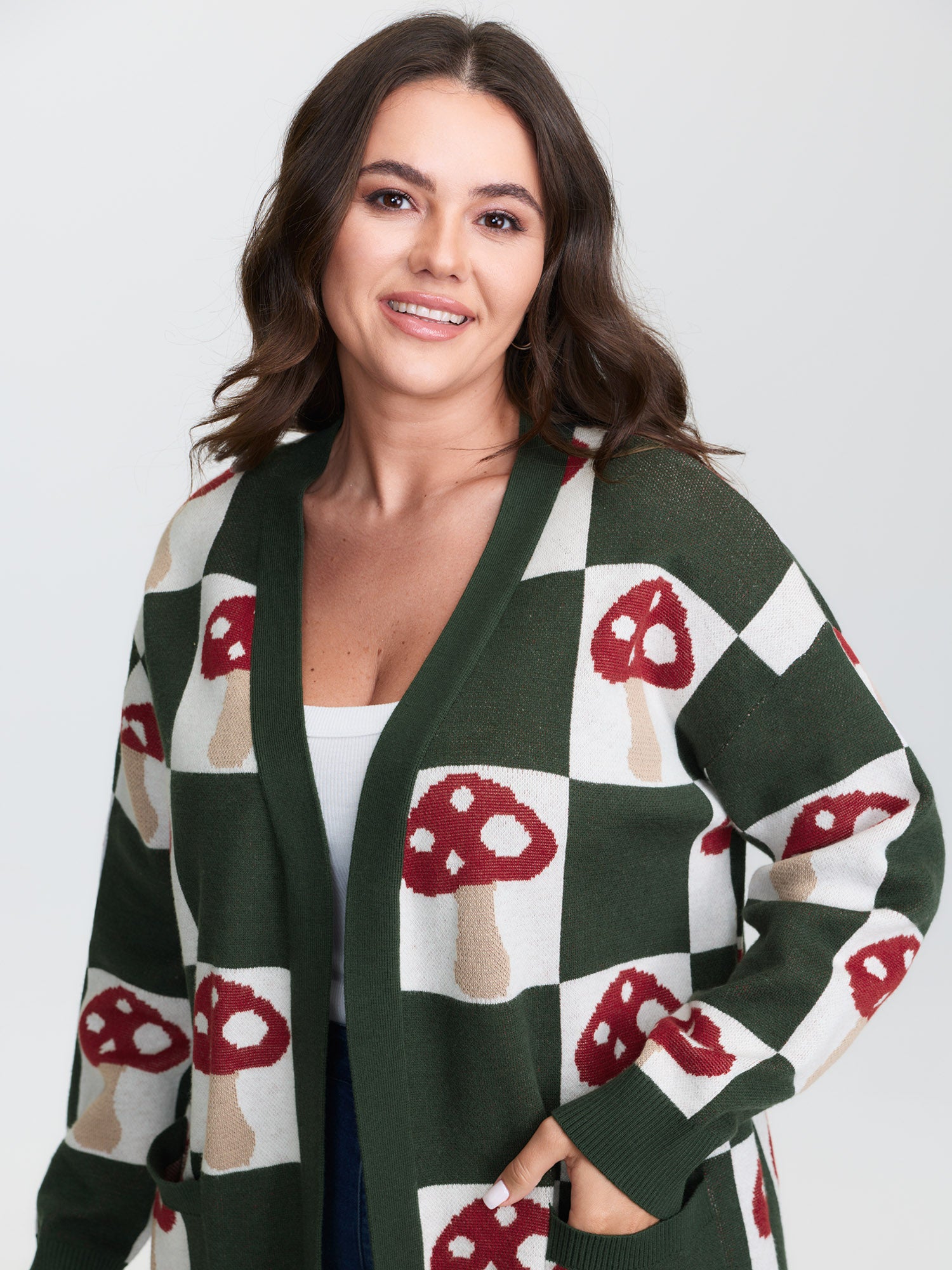 Mushroom Checkered Jacquard Knit Cardigan