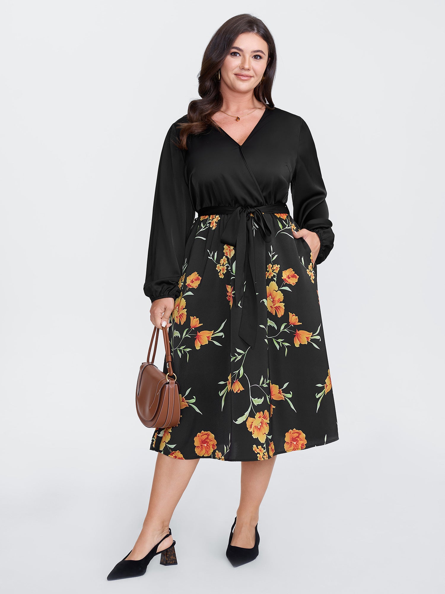 Floral Print Contrast Belted Midi Dress