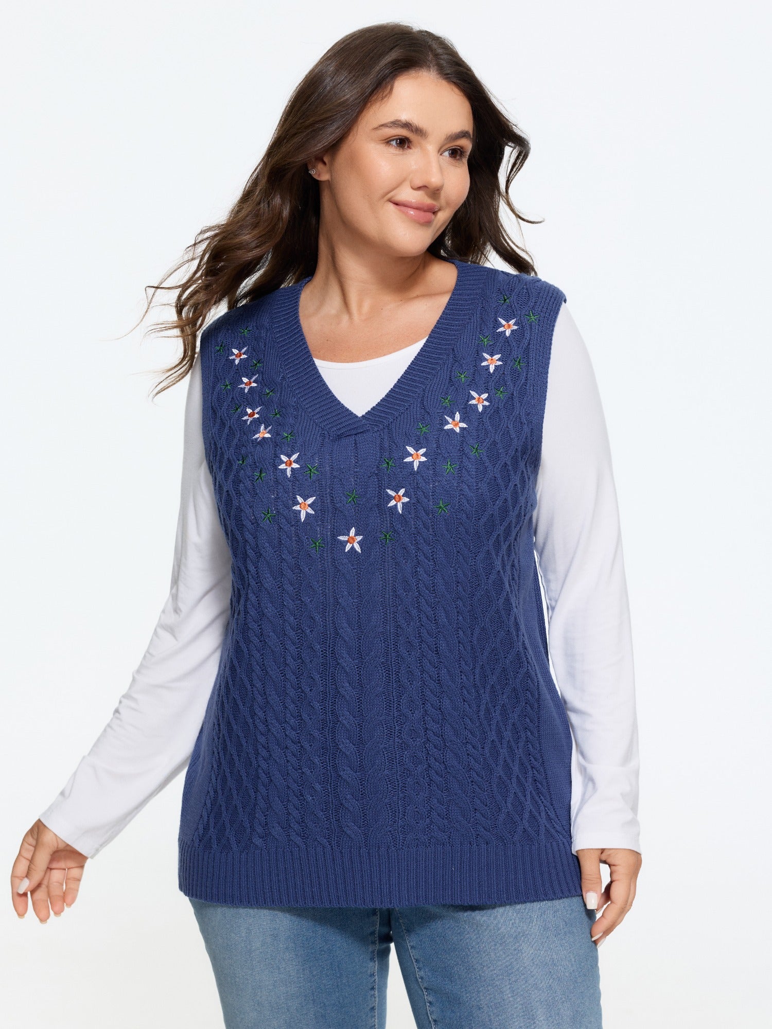 Floral Embroidery Cable Knit Sweater Vest