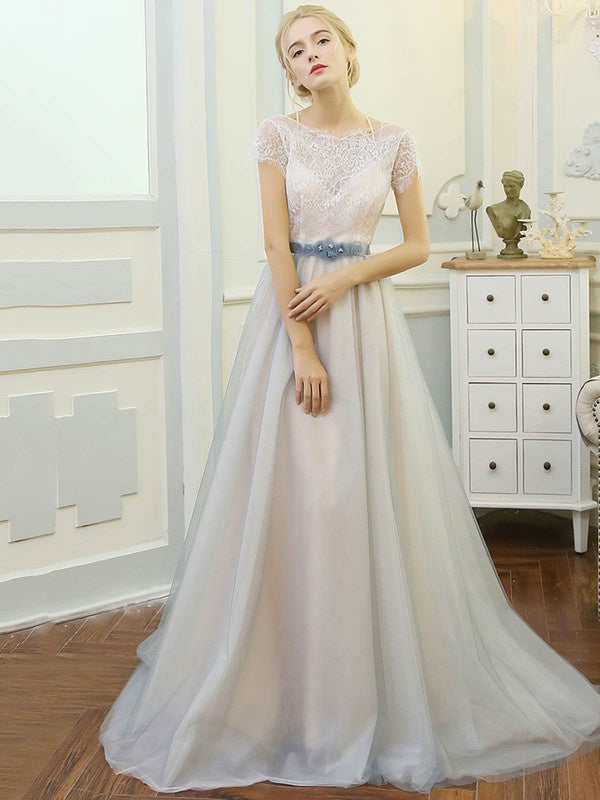 Chic Lace Short Sleeves Court Train Tulle A-Line Wedding Dresses with Sash