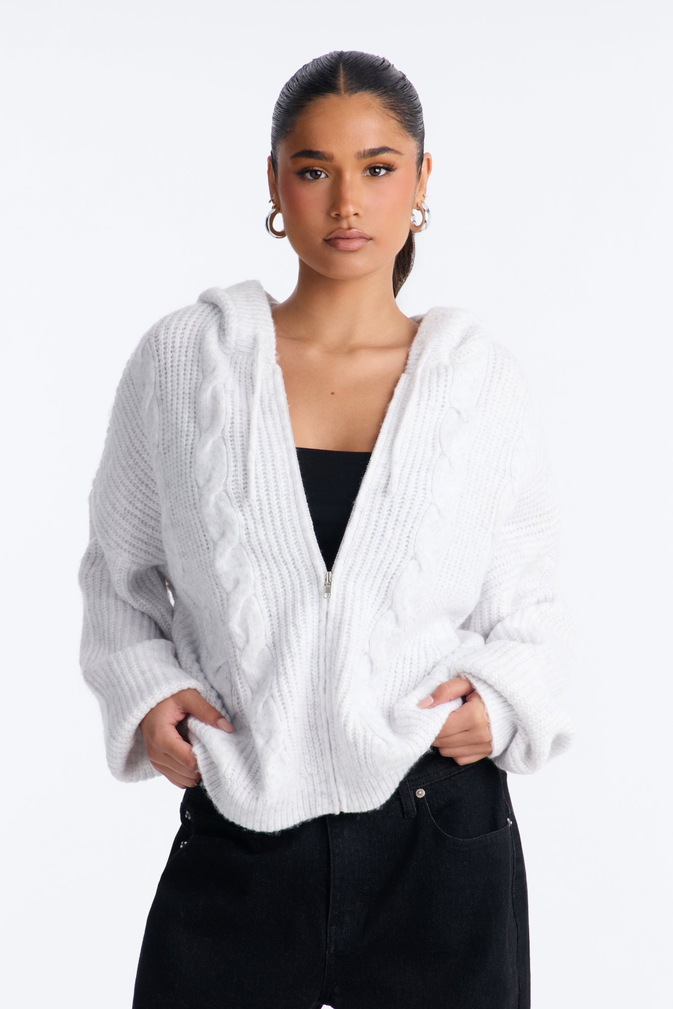 Carly Cable Knit Cardigan Sweater - Light Grey