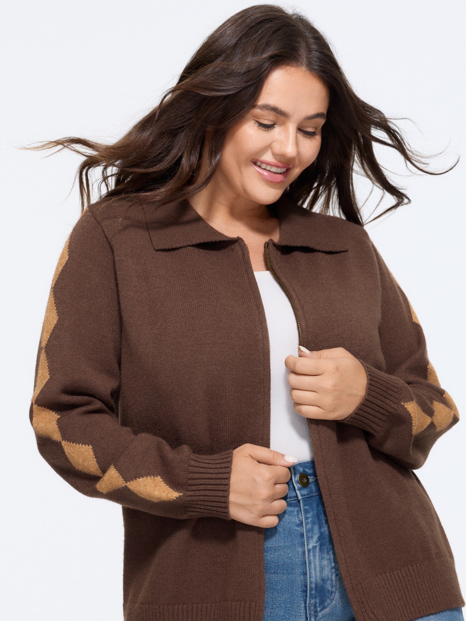 Supersoft Argyle Jacquard Sleeve Zip‑Up Cardigan