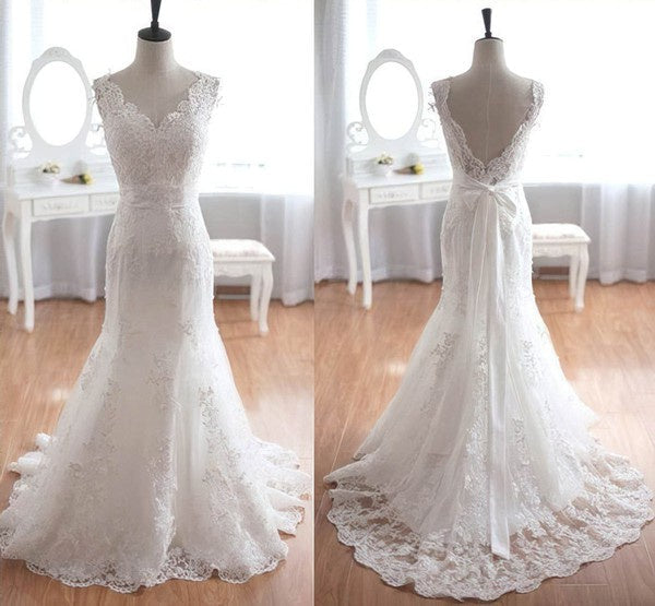 Sexy V-Neck Backless Tulle Sweep Train Wedding Dresses with Ribbon